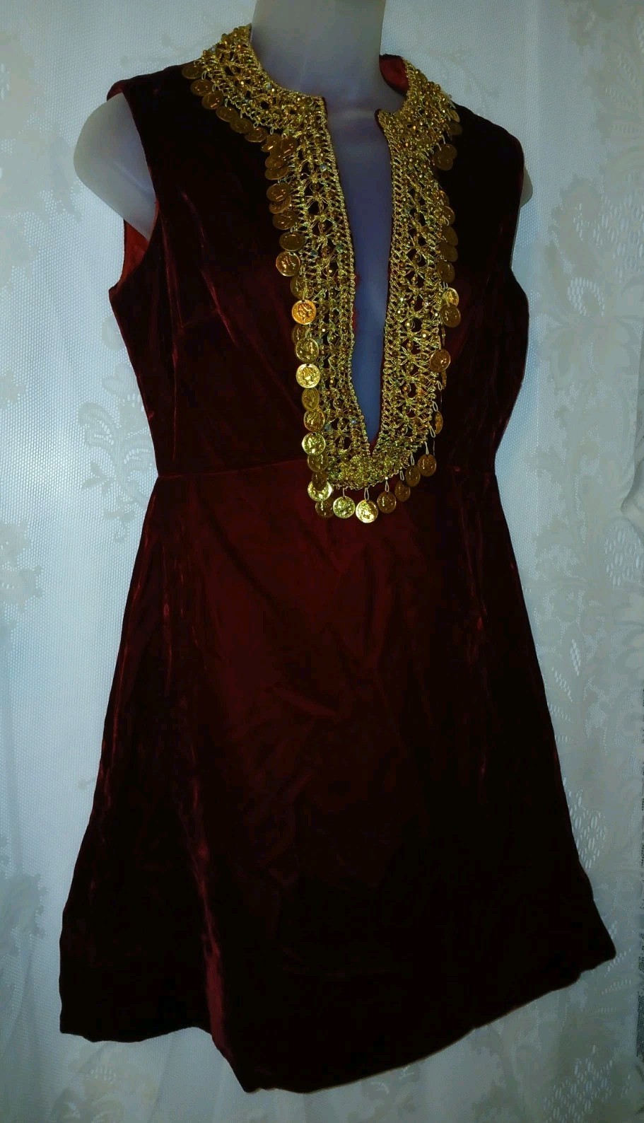 Vintage 60s Renaissance Revival Red Velvet Gold Brocade Coins Tunic Mini Dress