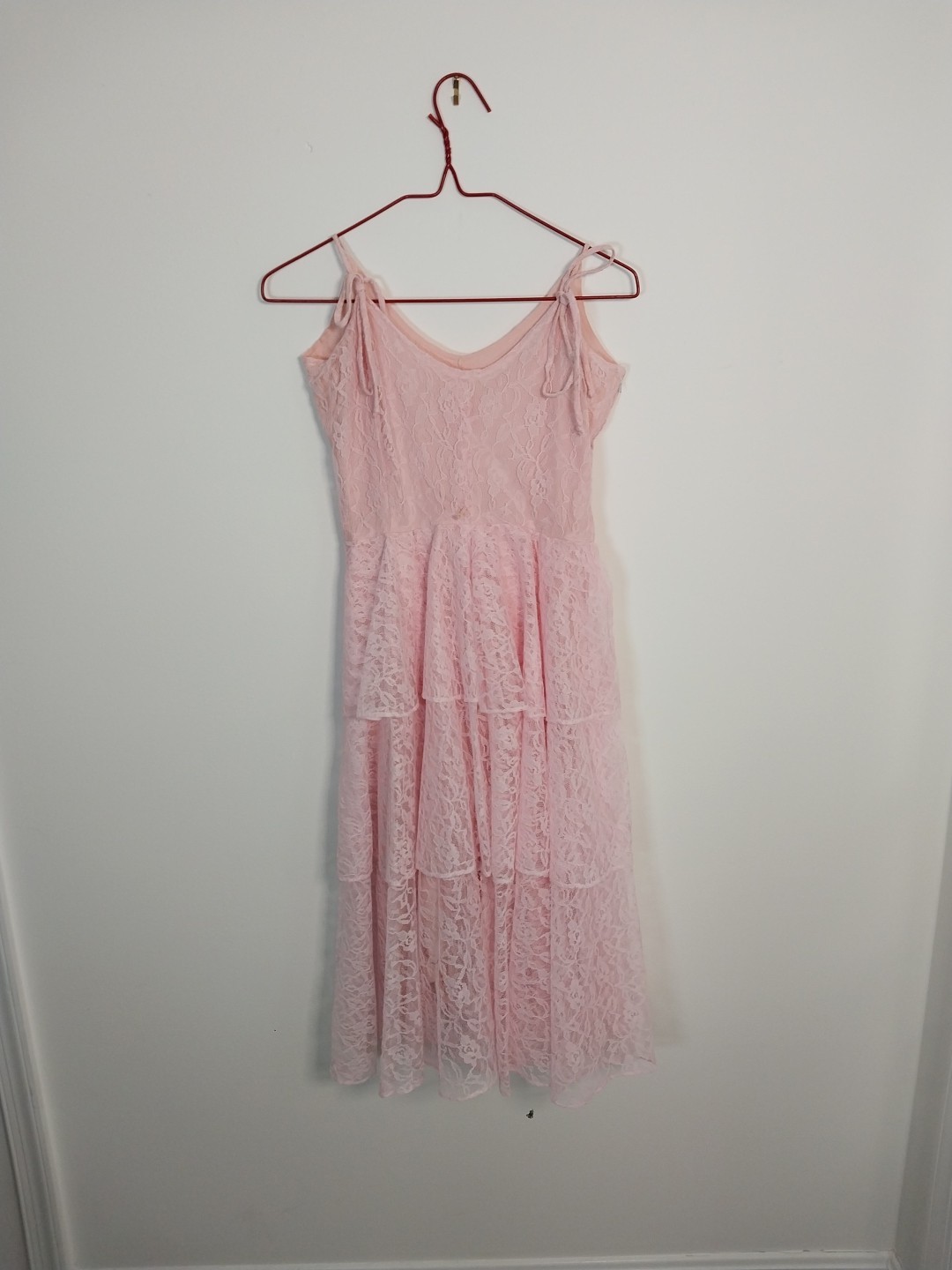 Vtg 70&rsquo;s Pink Lace Tiered Ruffle Party Dress Spaghetti Tie Straps