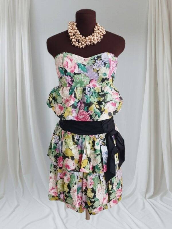 Vintage Garden Party 80s Bubble Dress Sweetheart Cut Flowers Tiered GORGEOUS S