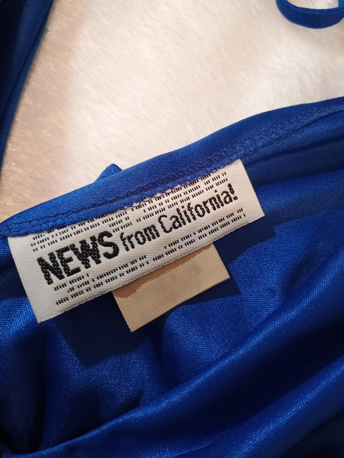 Vintage 80s Slinky Disco Royal Blue Plunging Ruched Drape Party Cocktail Dress