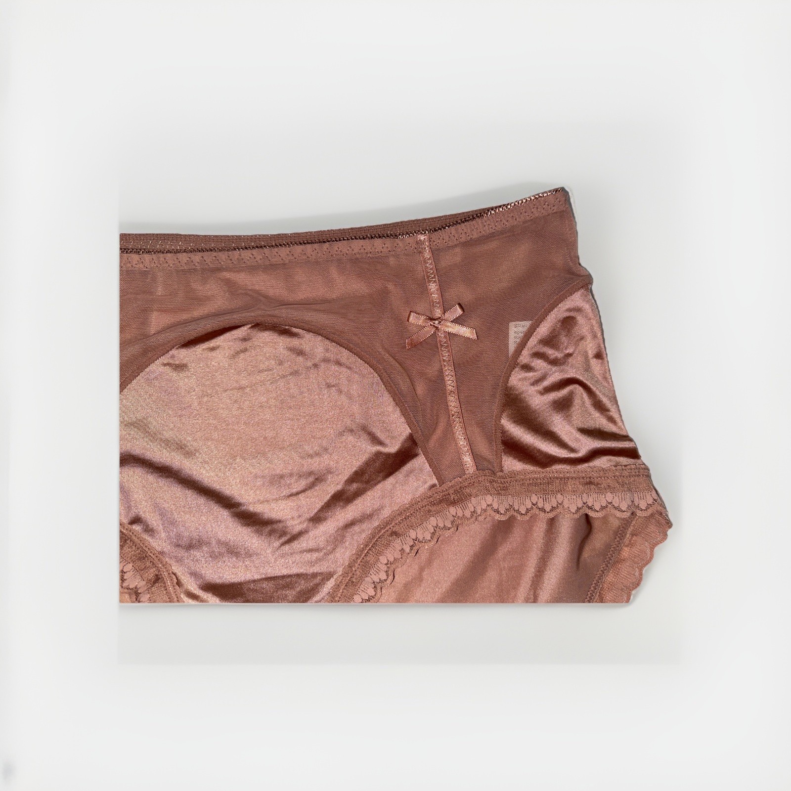 ~Shiny Large Rose Champaign Nylon Lace Blended Panties W/Bows Cotton Gusset New
