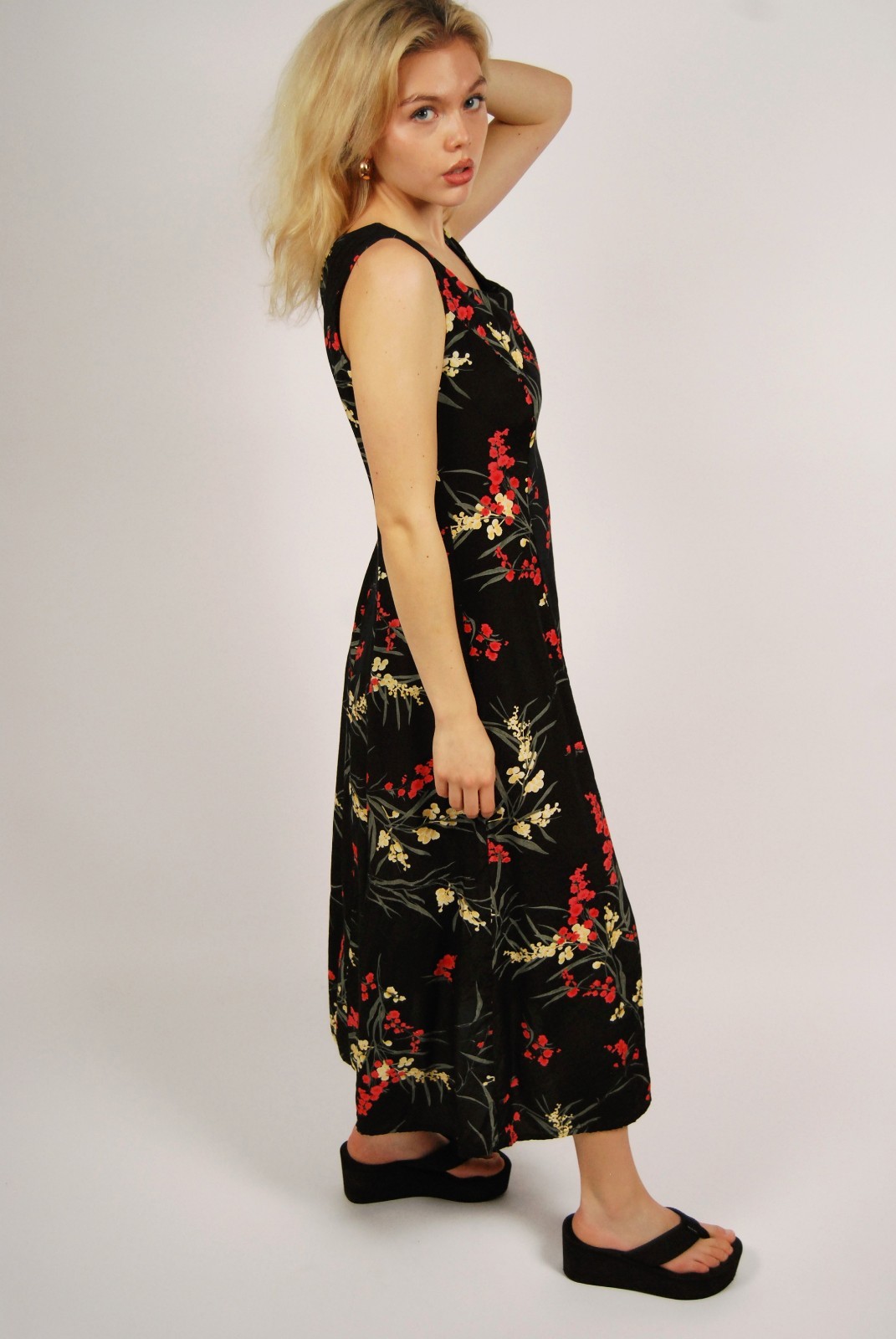 80s Tank Maxi Dress (8) black pink floral vintage preppy casual sundress a-line