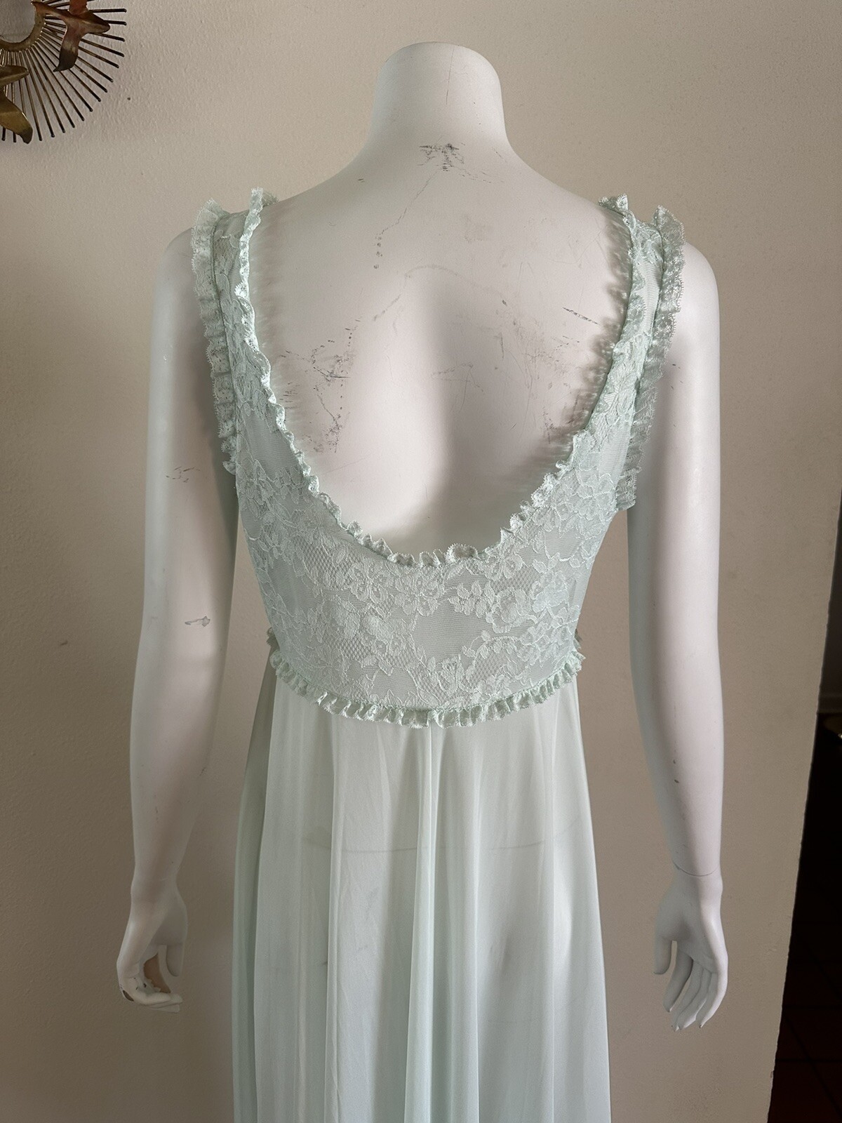 1960s Vanity Fair Mint Green Nylon Tricot Lace Nightgown Slip Dress Negligee VTG