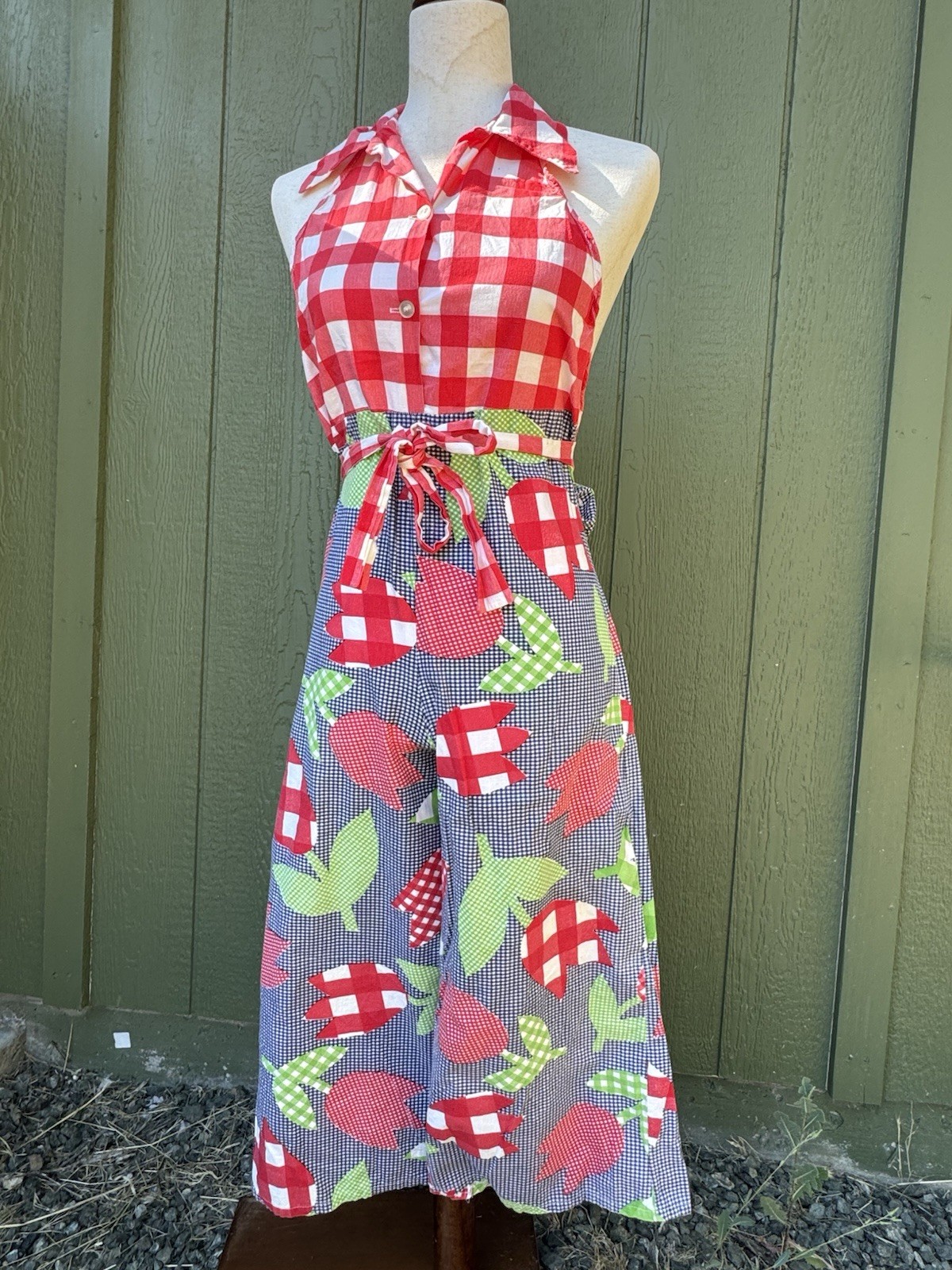 1960s/70s Vintage Gingham Halter Tulip Jumpsuit
