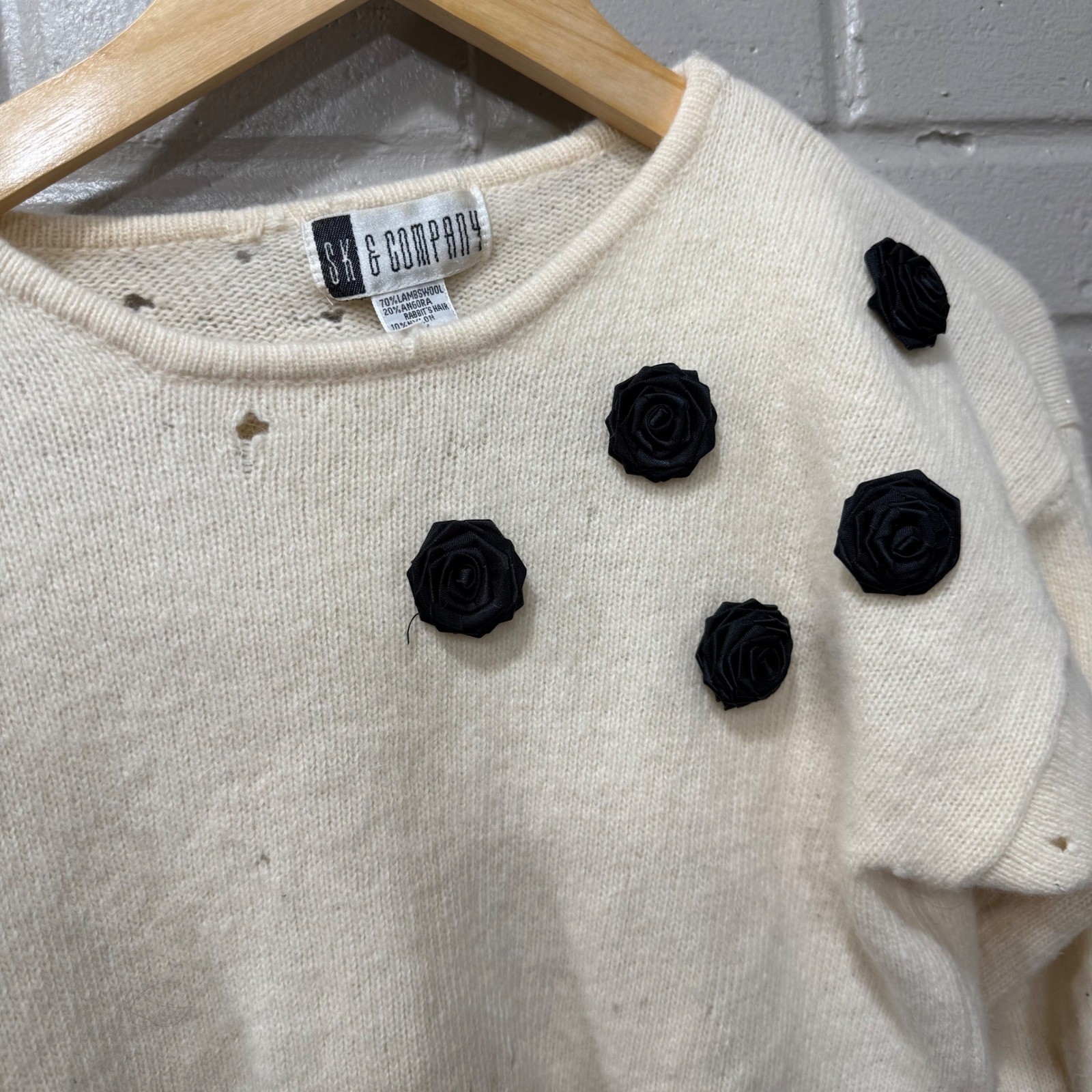 Vintage Angora Lambswool Satin Rosette Sweater Cream Distressed Medium Holes