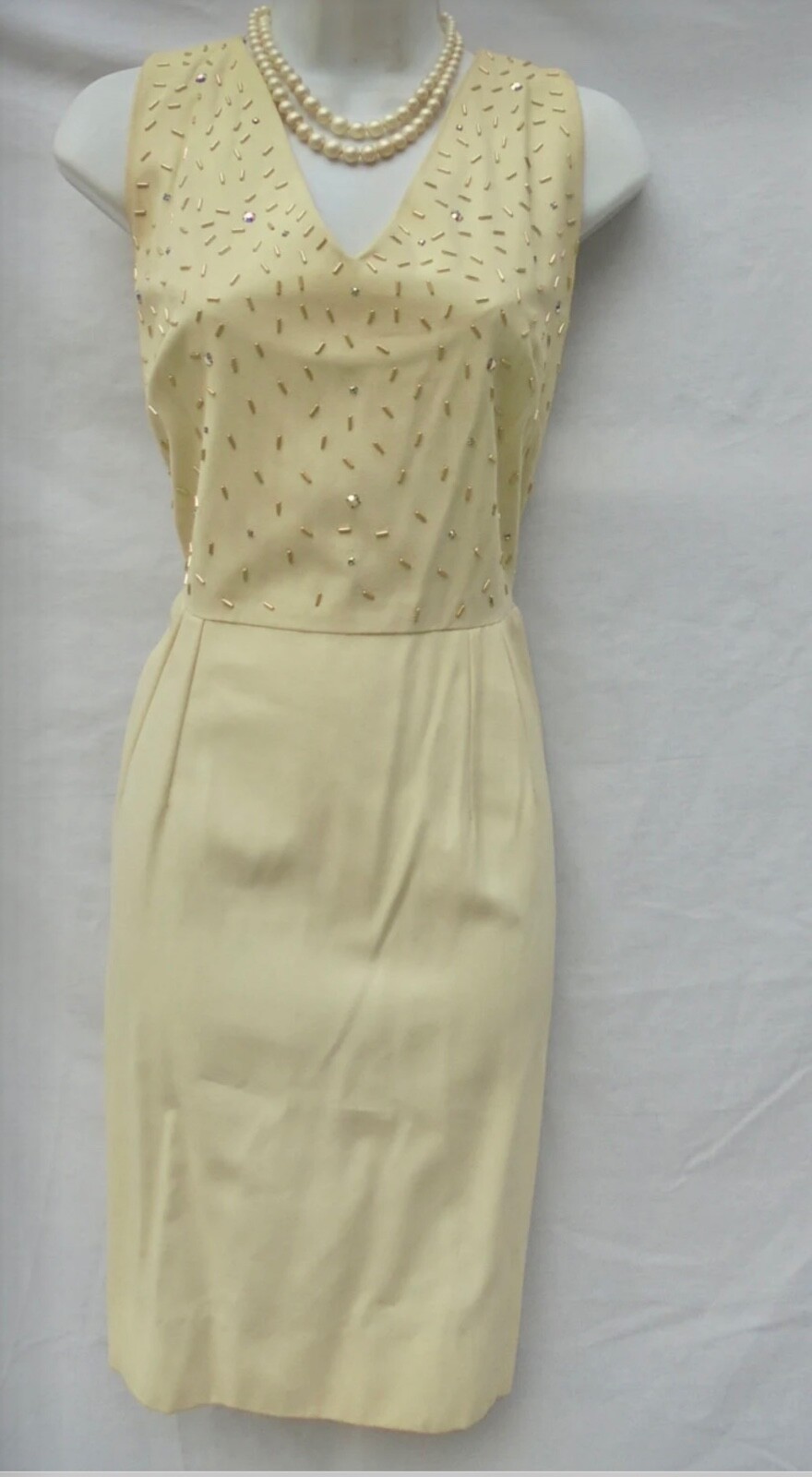 Cream beaded dress Dauphine by l&rsquo;Aiglon wiggle pencil cocktail mid century 50