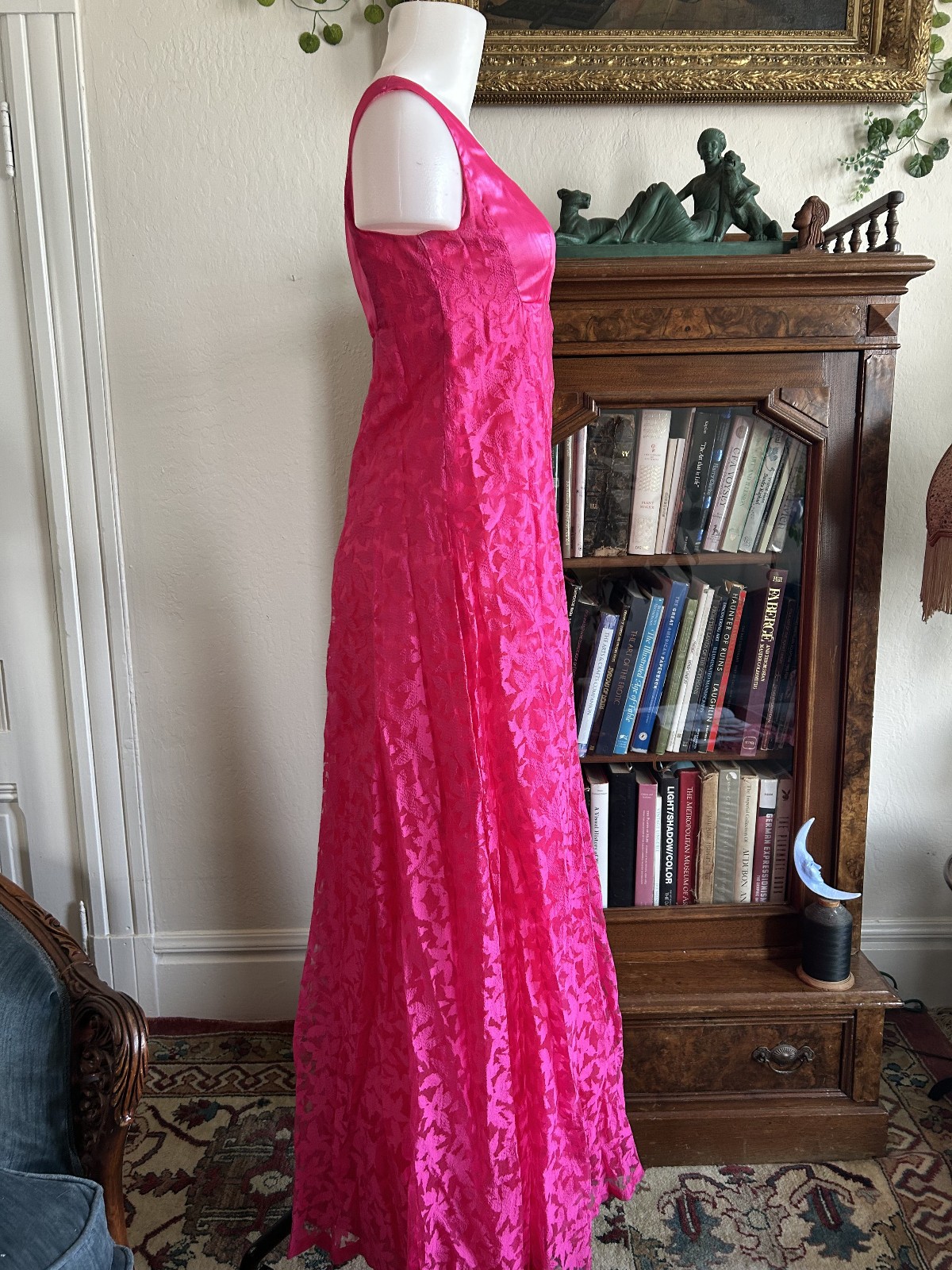 Vintage 1960s HOT Pink Shiny Empire Waist Maxi Dress Lace Overlay Formal XS S