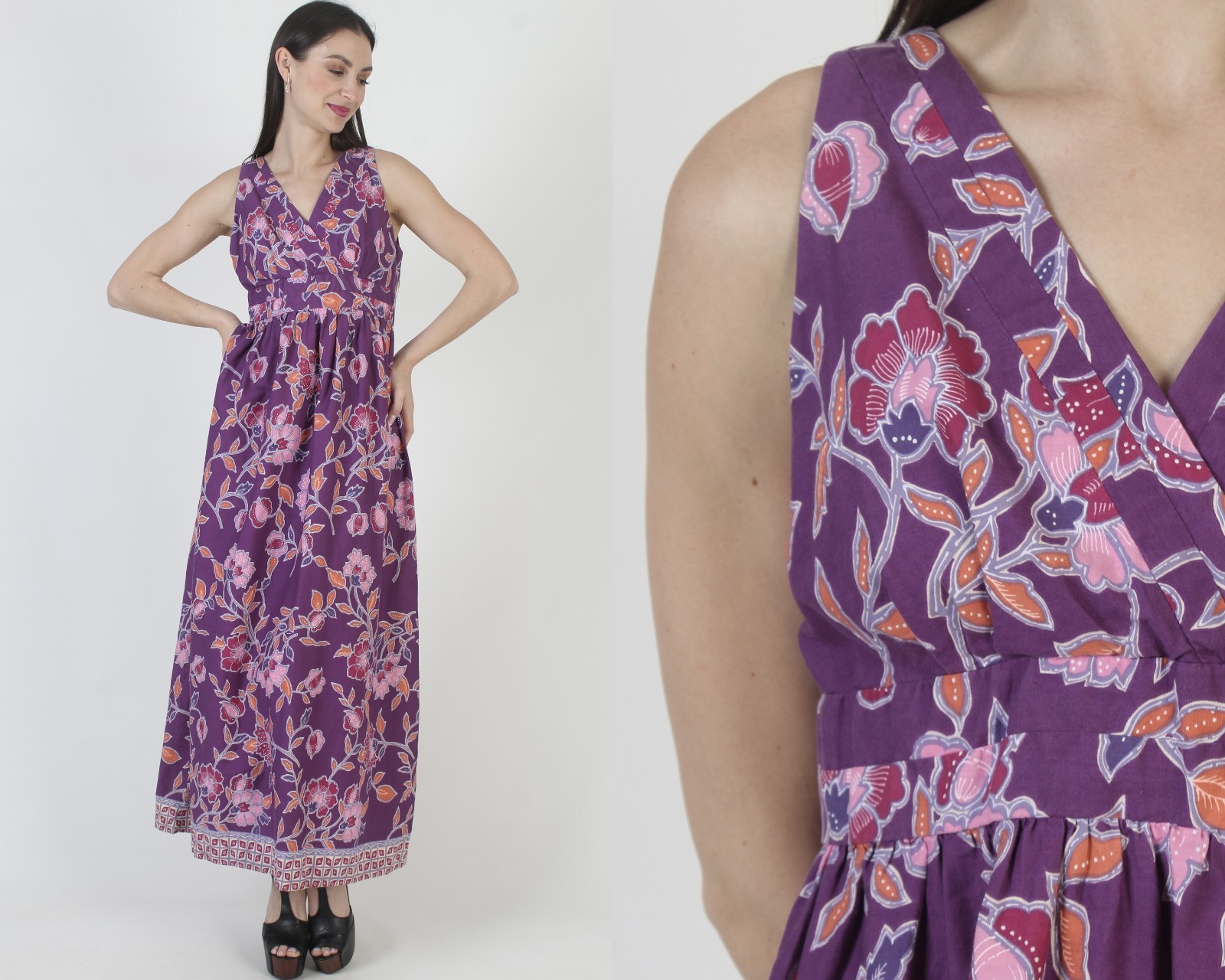 Vtg Keone Sportwear Hawaiian Dress Purple Cotton Tiki Luau Hawaii Mod Sundress