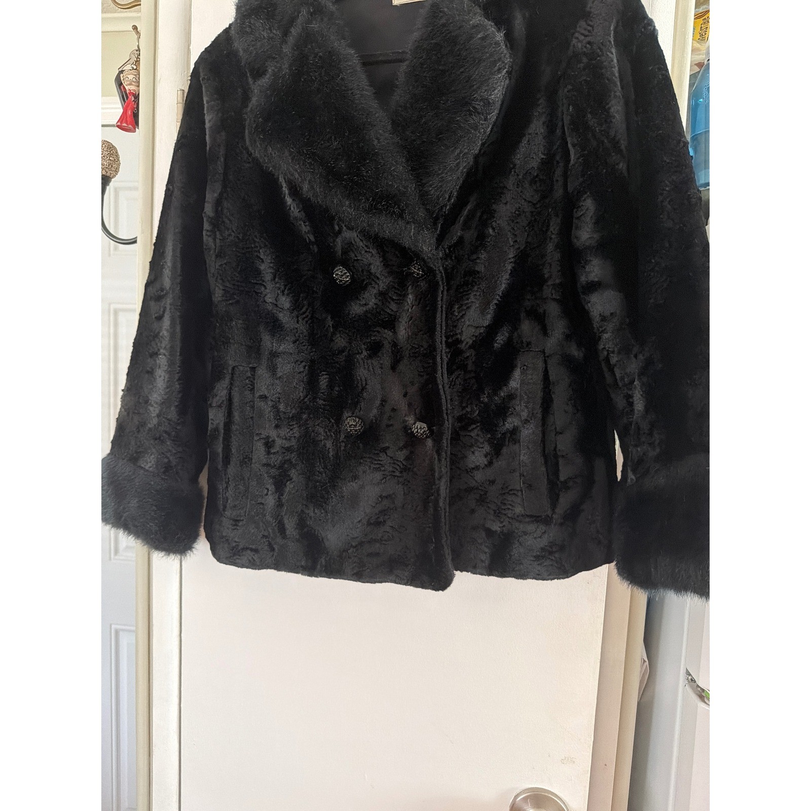 Vintage Styled by Winter Black Faux Fur Double Breasted Coat Jacket Women S