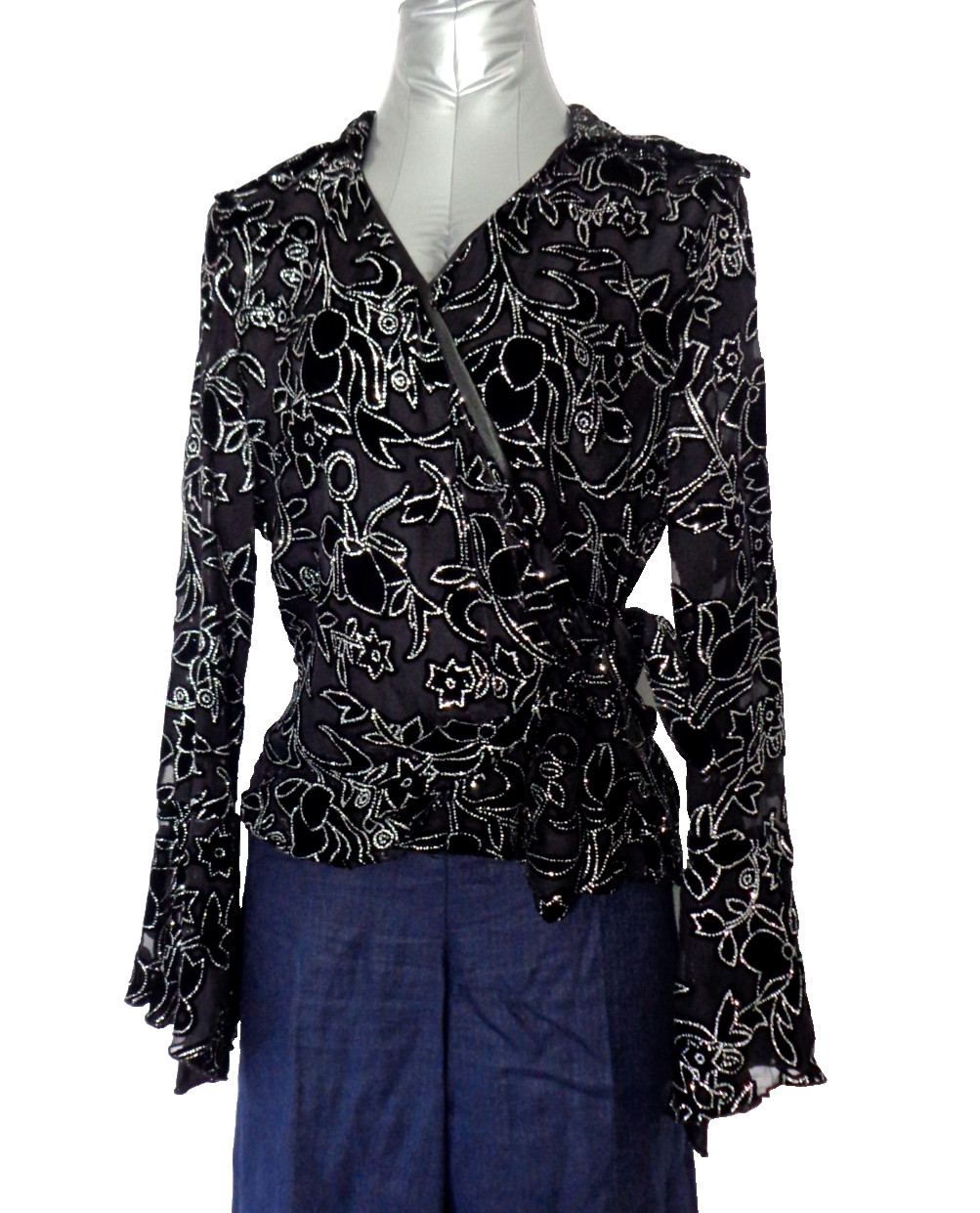 Dressbarn Women&rsquo;s Silk Blingy Shirt Black, Silver, Lace and Velvet Top Size L