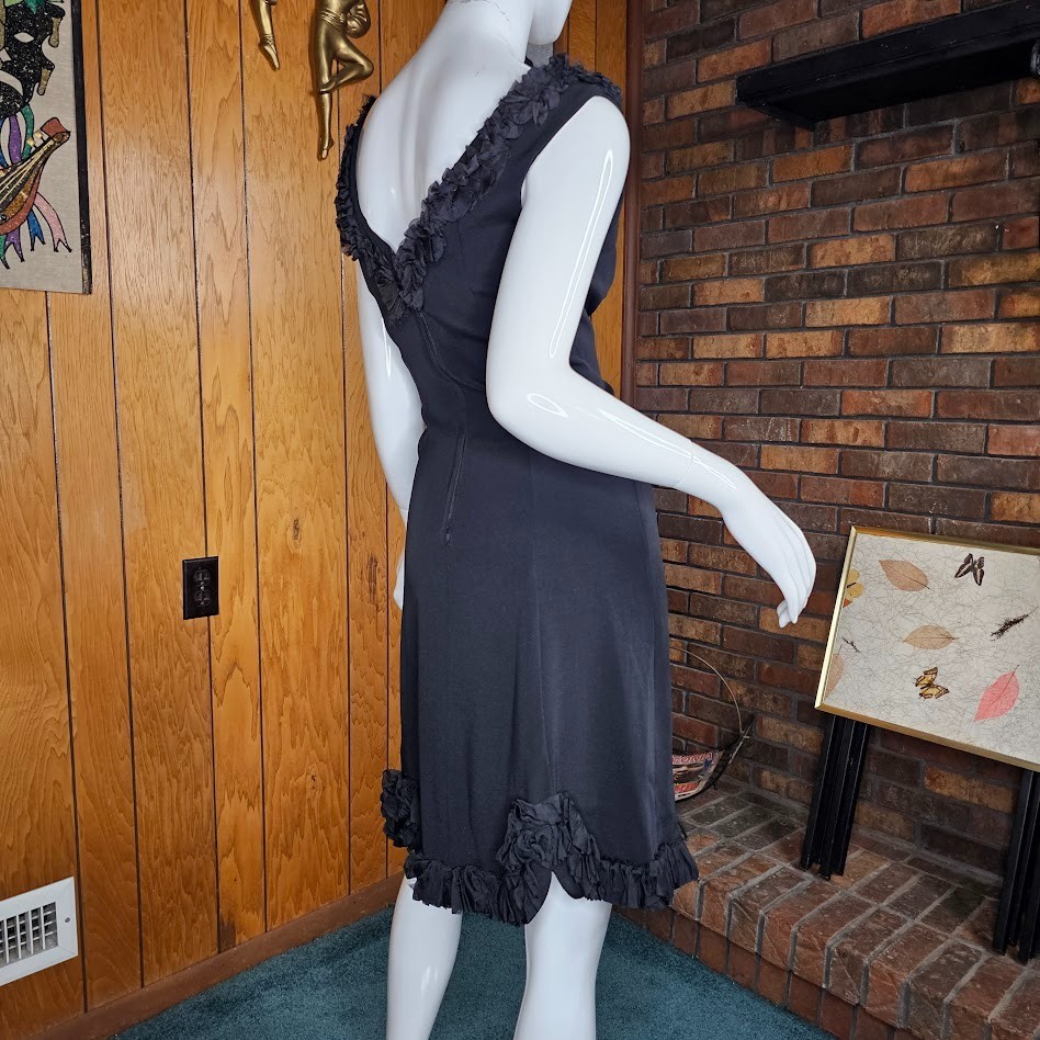 Vintage 60s Black Scalloped Ruffle Sheath Wiggle Pencil Cocktail Party Dress S/M