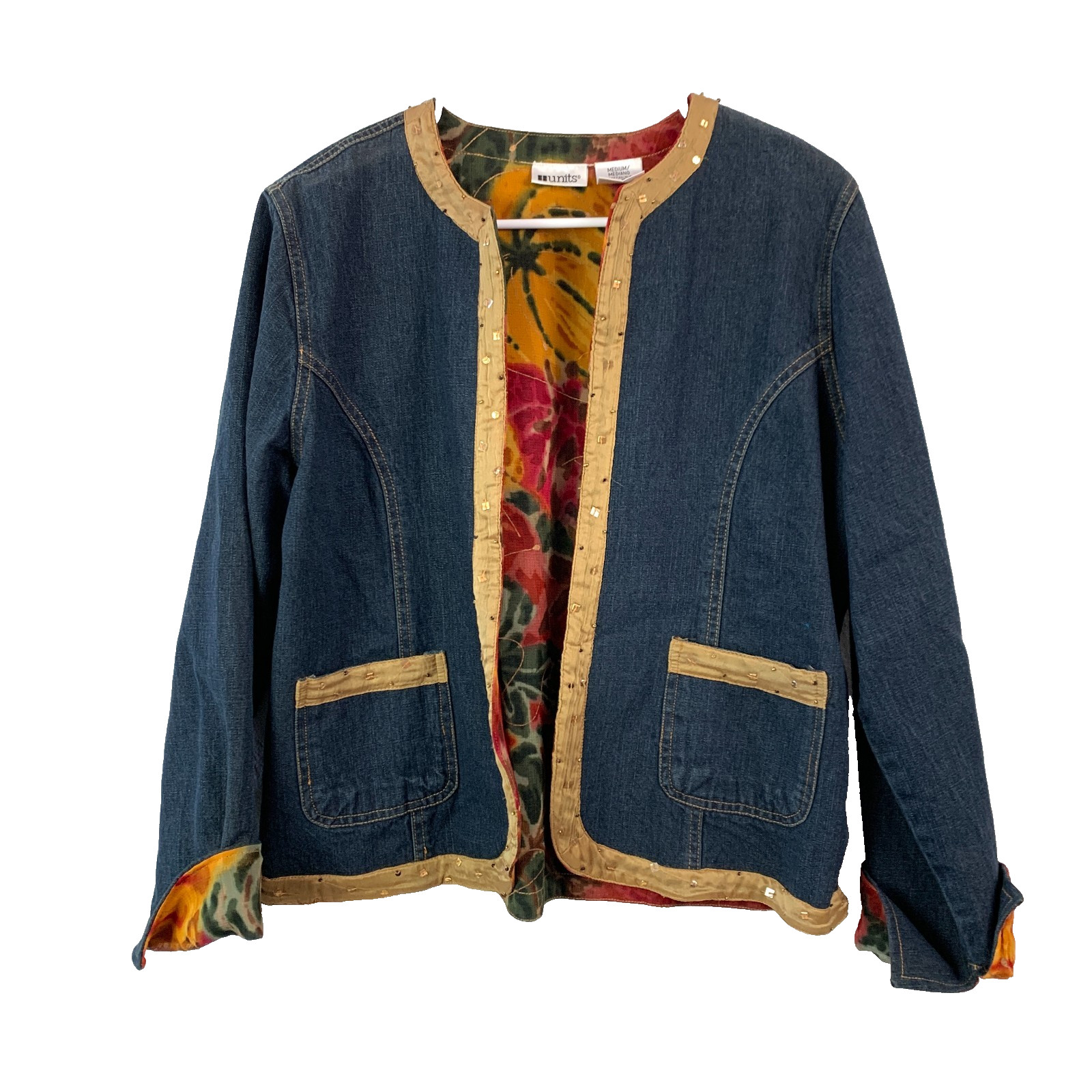 Vintage Units Denim Floral Lined Art To Wear Jacket Womens Medium