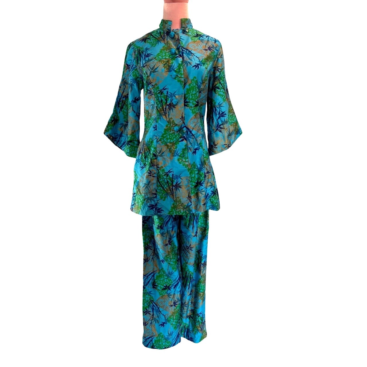 VTG 60 Alice Polynesian Fashions Jacket Pant Set TIKI Outfit Botanical Bamboo XS