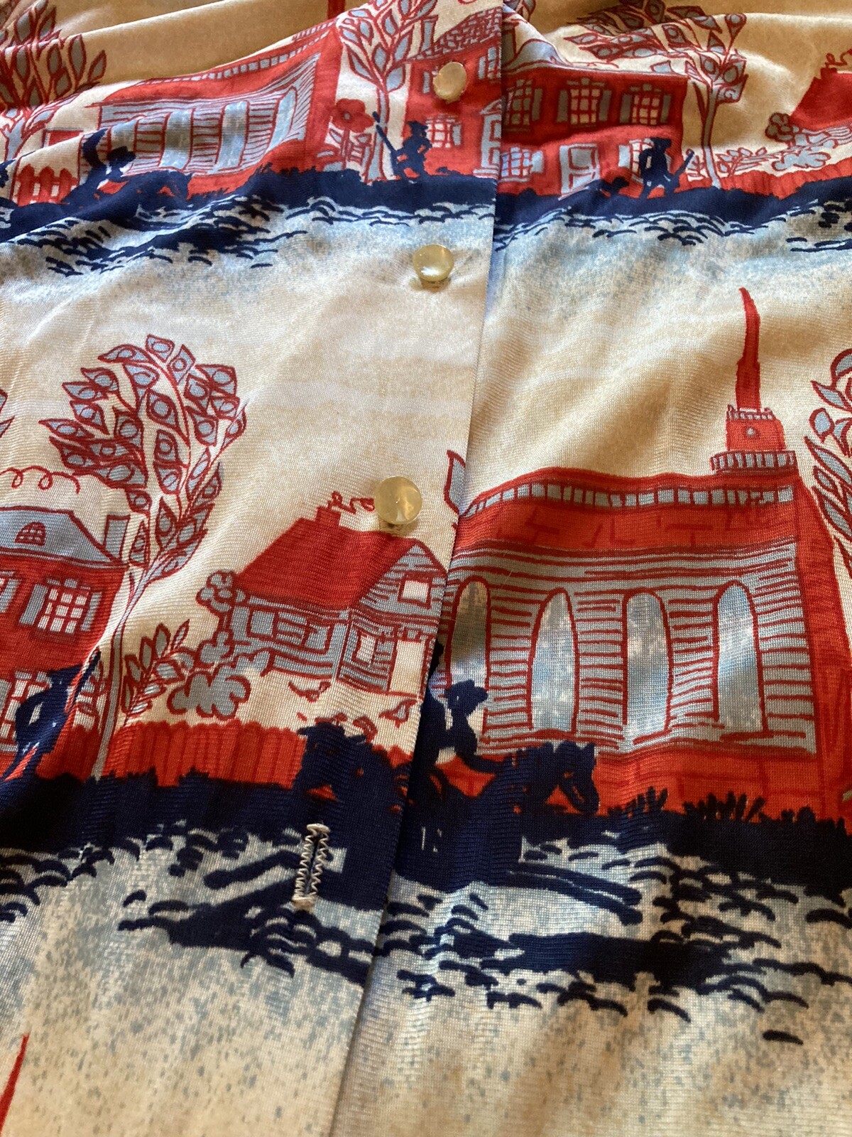 Vintage Graff California Wear Polyester Button Up Blouse Red Blue Houses Sm/Med