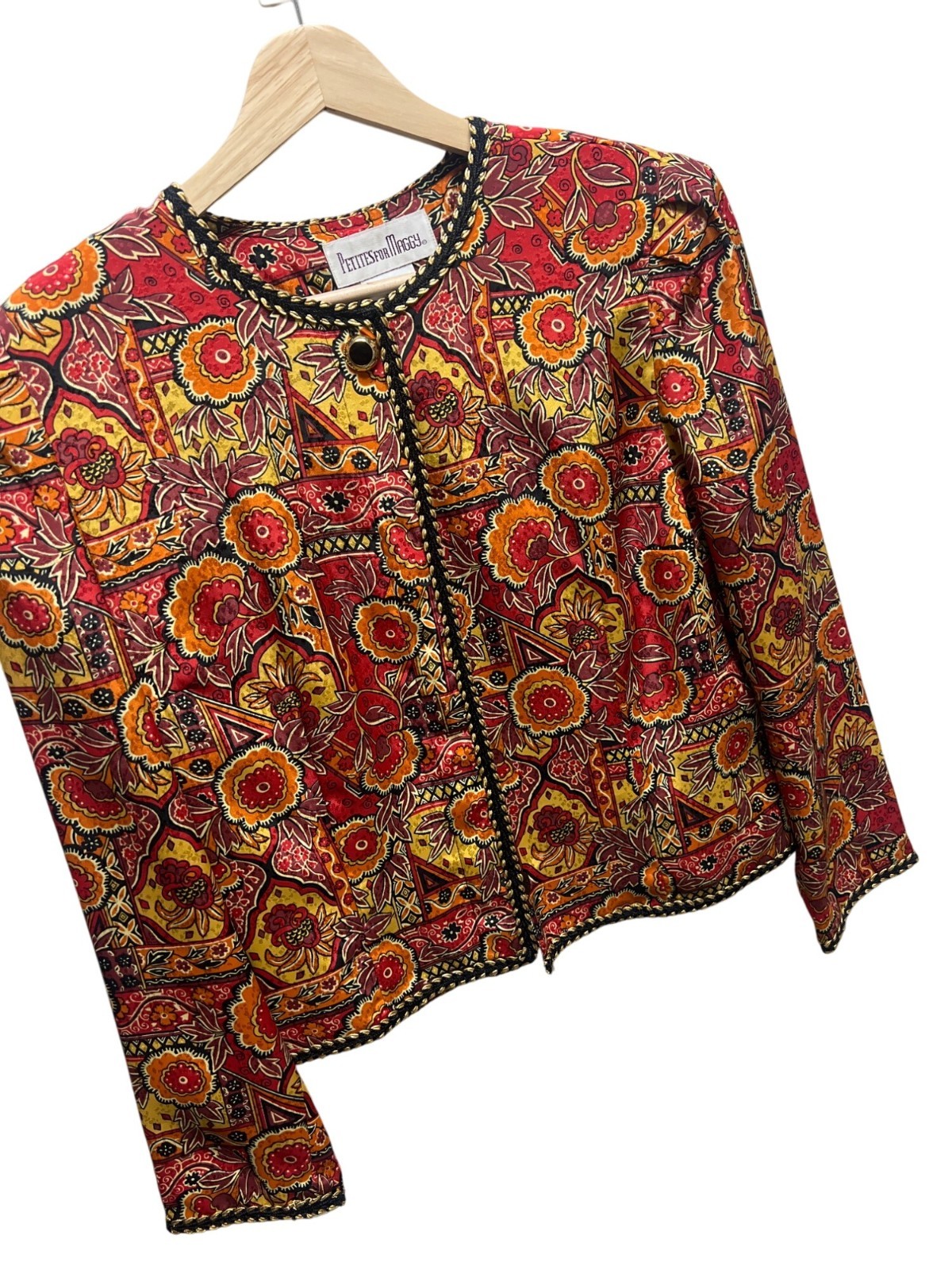 Petites for Maggy Vintage 80&rsquo;s Orange and Red Floral Black Trim Bolero Jacket