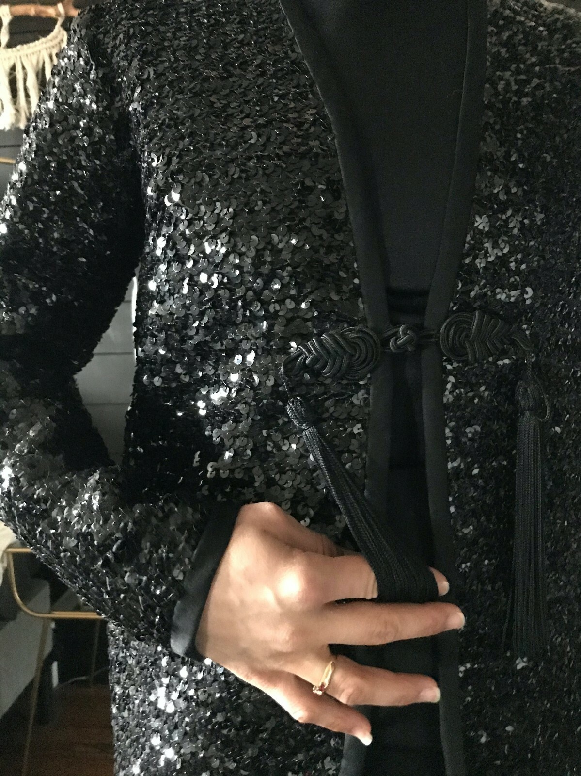 Vintage 1960s Black Sequin Jacket and Maxi Dress Set XS Evening Glam