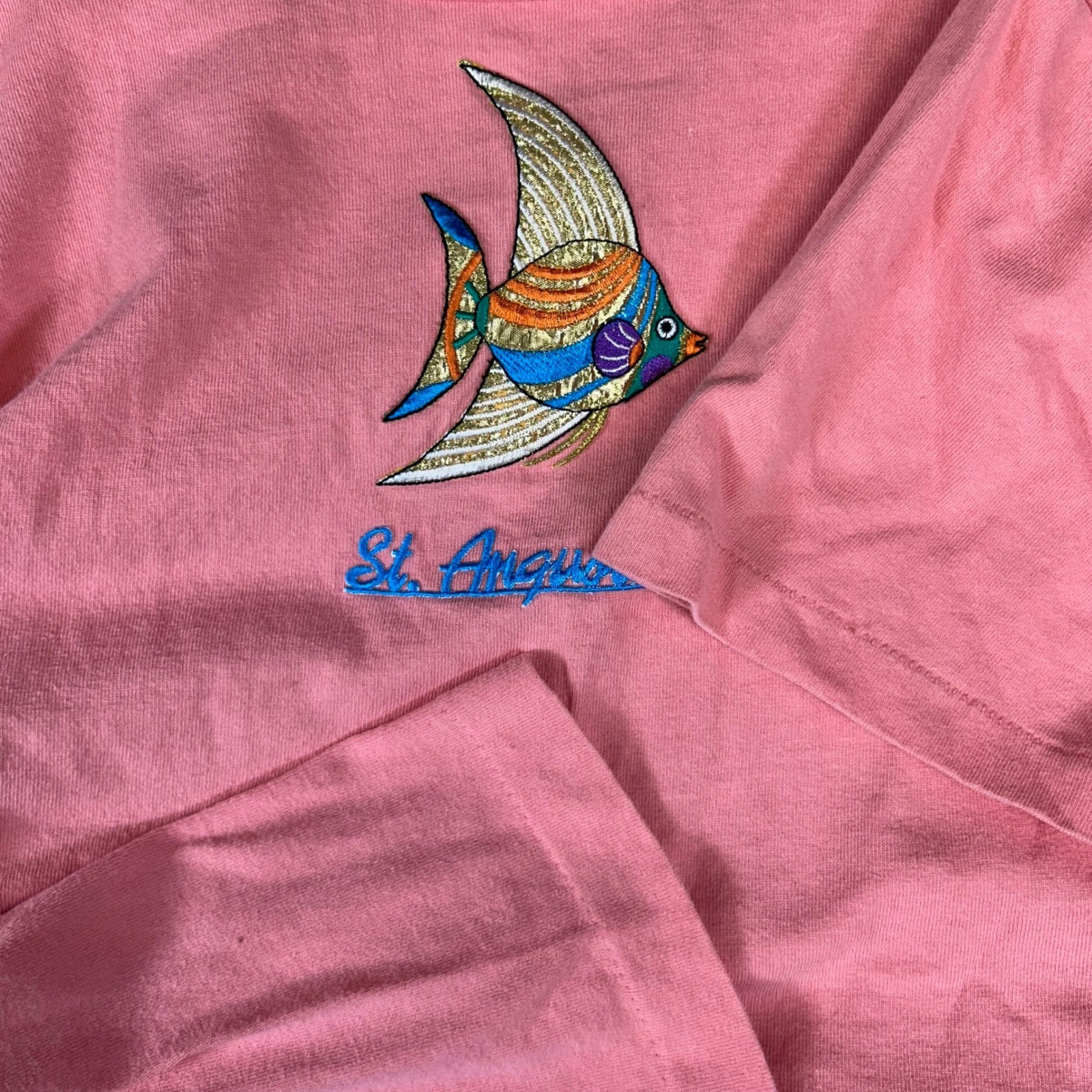 Vintage Anvil St Augustine Florida Fish Embroidered T-Shirt Pink Single Stitch S