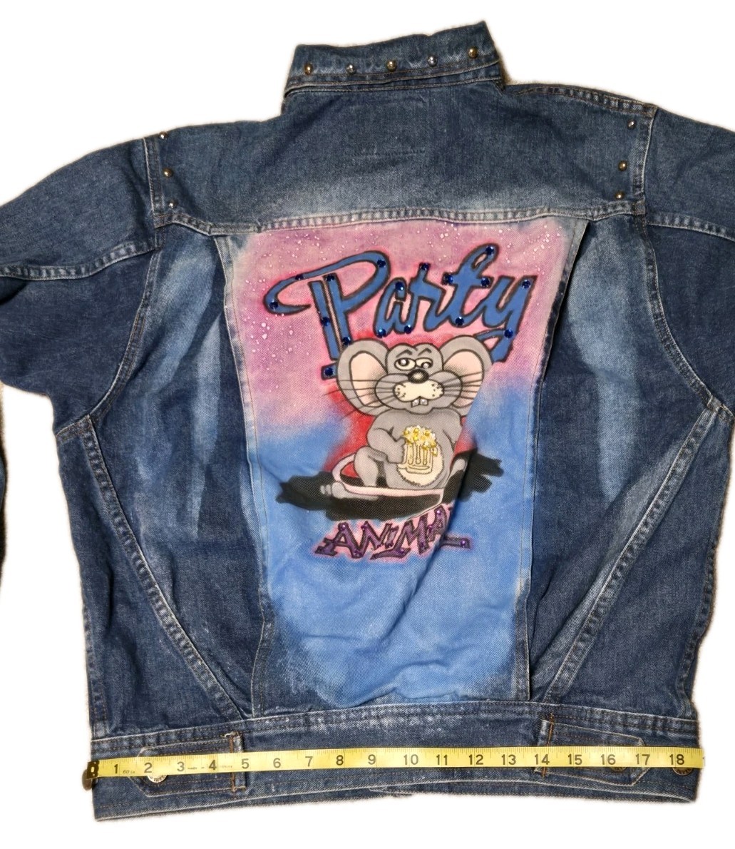 Vtg Denim Trucker Jacket Hand Painted PARTY ANIMAL Rat Studded ANZANI Sz S RARE!