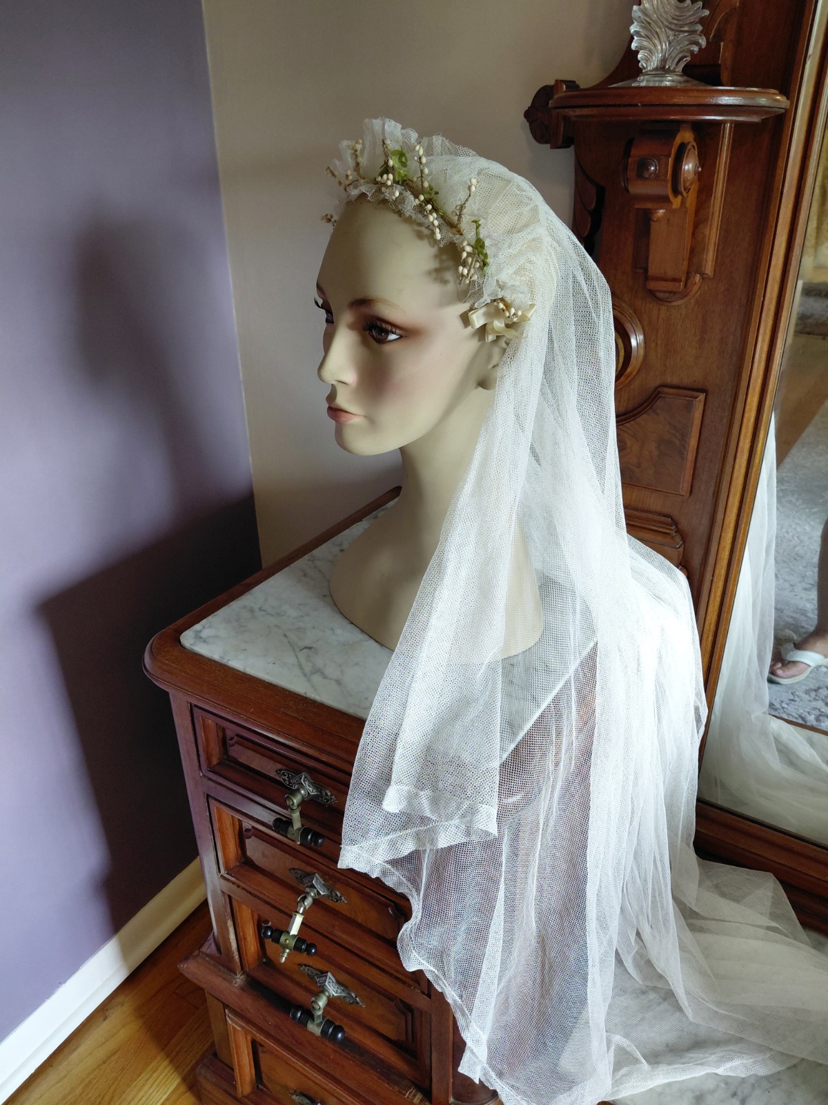 Antique Vintage 1920&rsquo;s Wedding Bridal Veil Wax Orange Blossom Buds Peach Ribbons