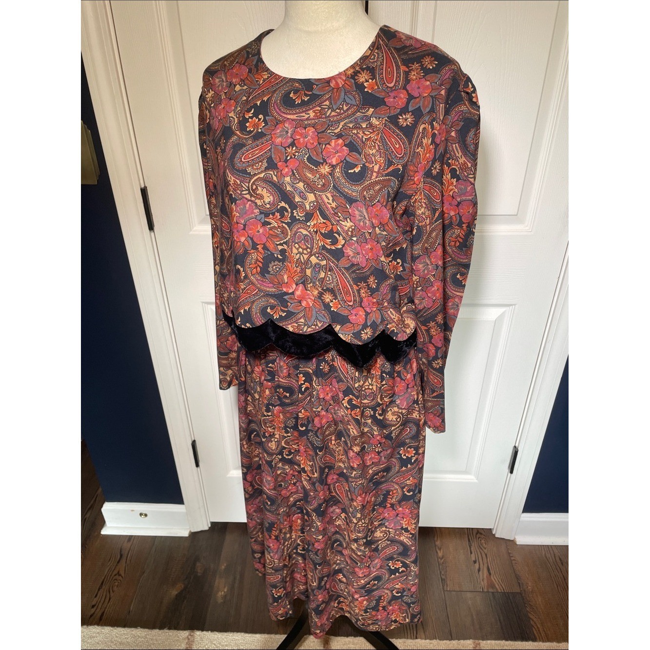 Vtg 90s Melissa Harper Rayon Maxi Dress Paisley Floral Overlay Velvet Trim Sz 14