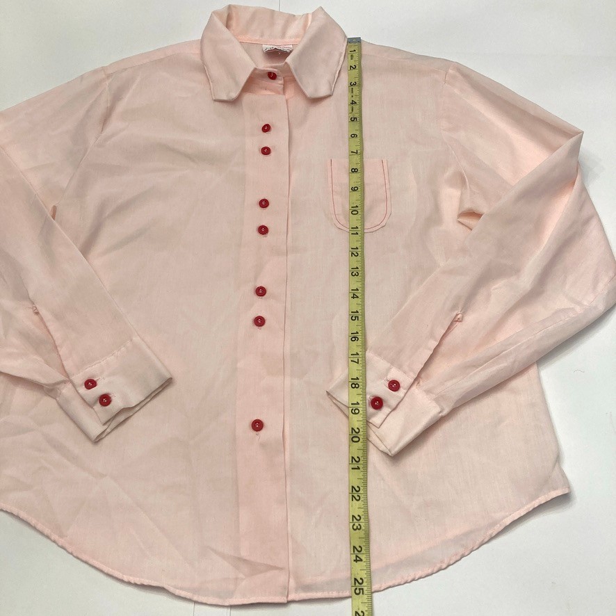 Vtg Pink Blouse Button Up Permanent Press Red Buttons Womens M 38-40 Long Sleeve
