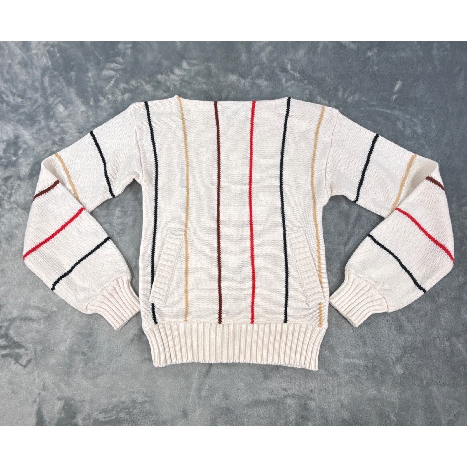 Vintage 70s A Vantage Striped Knit Sweater Cream Red Black Pockets Boat Neck XS
