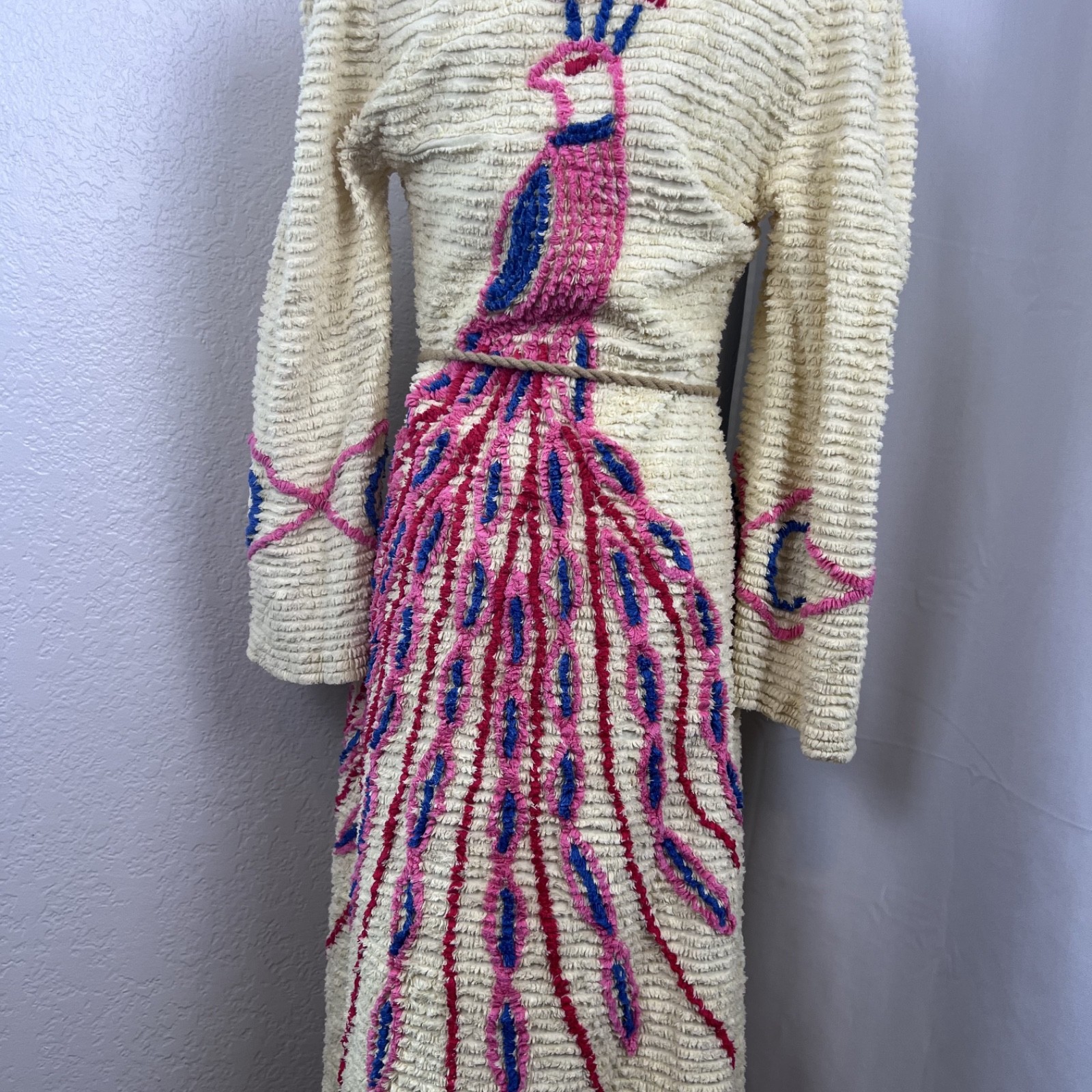 Vintage Peacock Chenille Bath Robe Long Yellow Housecoat Cottage 40s 50s READ
