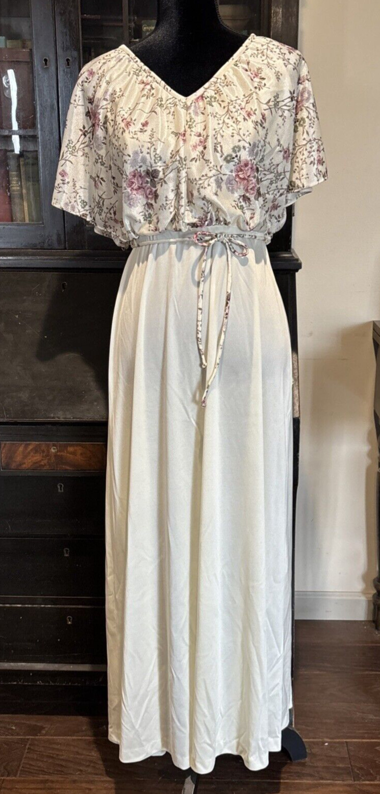 70s Womens Maxi Dress Sz 2 Current/4-6 Vintage Slinky Cream/Rose Union USA