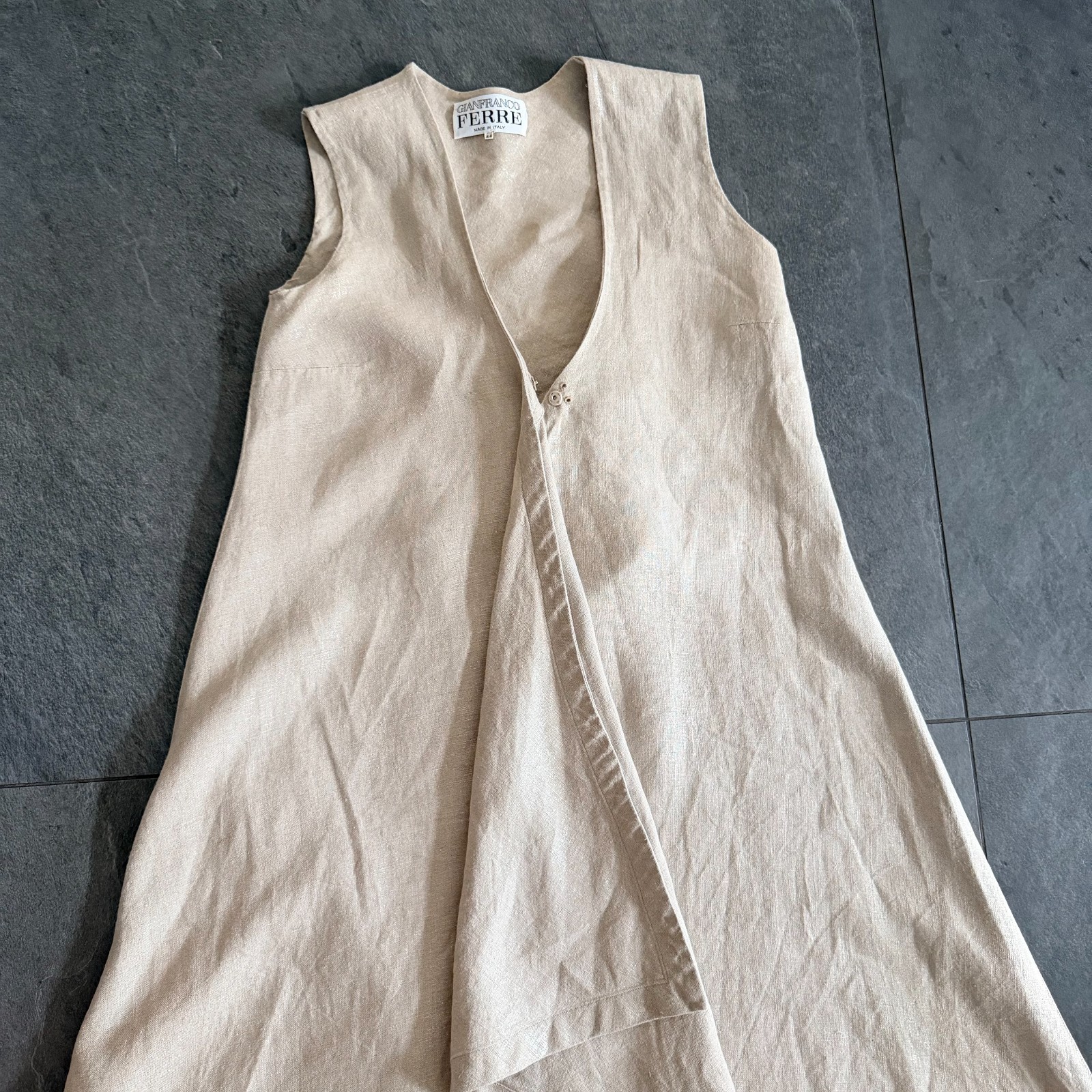 GIANFRANCO FERRE beige asymmetrical flared sleeveless linen dress size 44