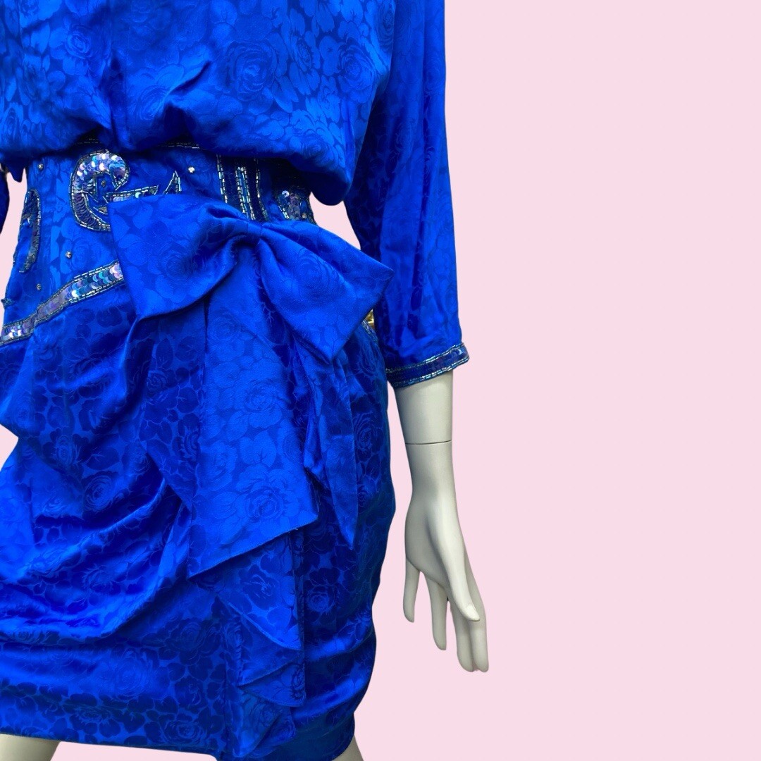 DYNASTY 1980s Cobalt Blue Rhinestone Embellished Silk Draped Dress