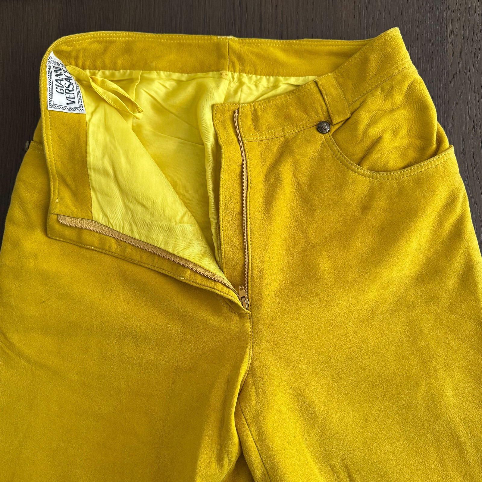 GIANNI VERSACE mustard yellow suede pants size 38/XS from F/W 1994/95