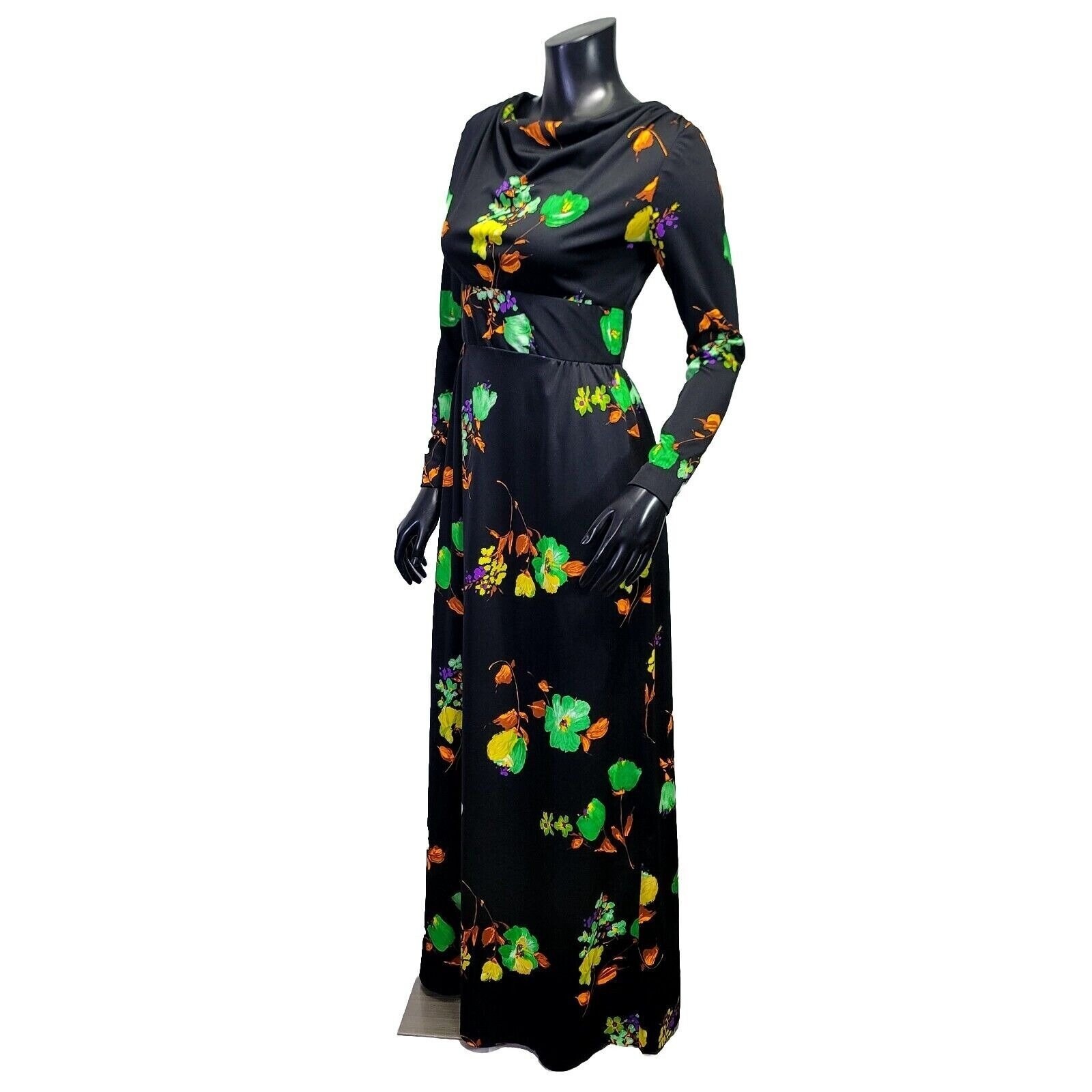 Vintage 70s Black Floral Maxi Dress S Cowl Neck Long Sleeve Mod Boho Glam
