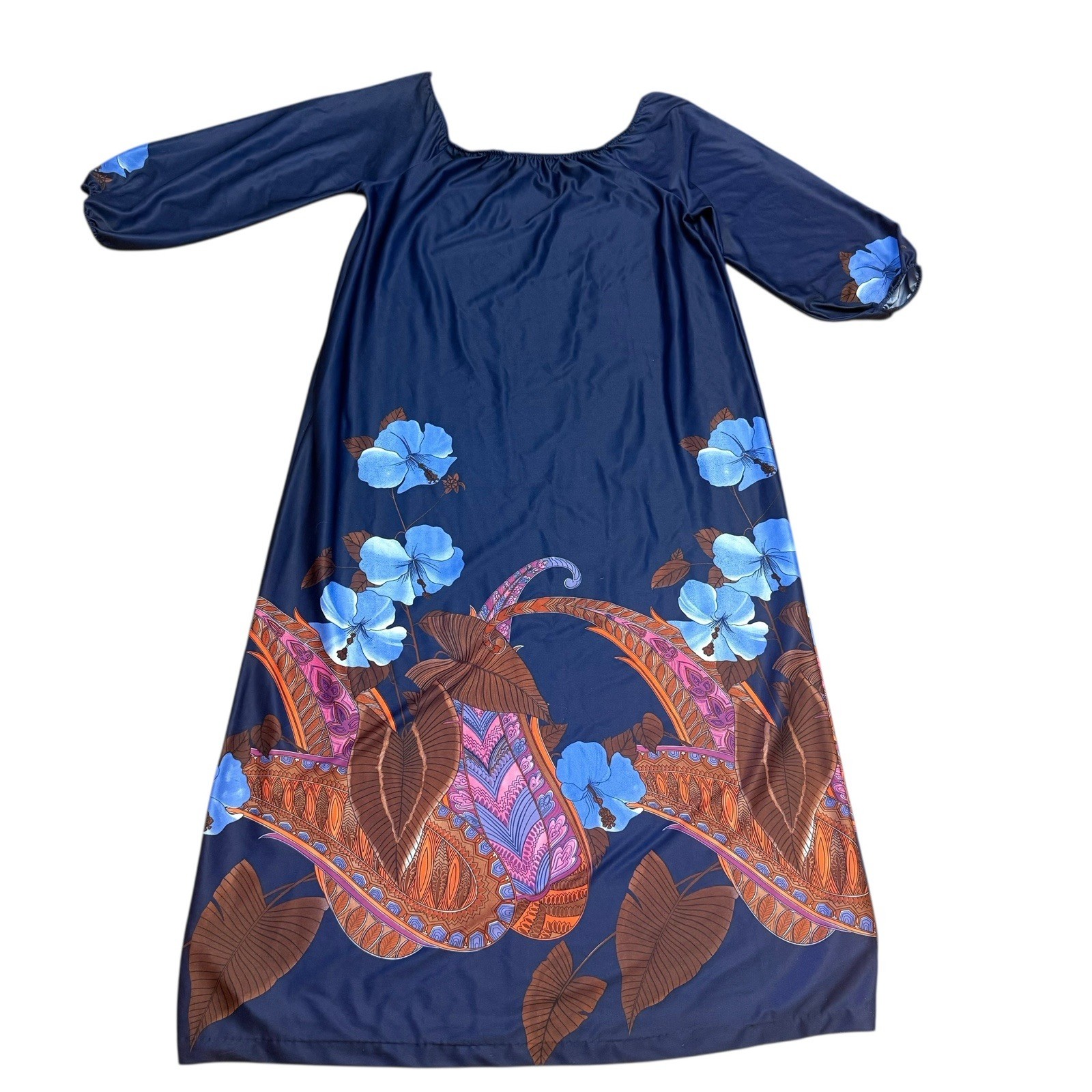 Vtg Sears At Home Wear Caftan House Dress M Mumu Muumu Blue Floral Maxi Lounger