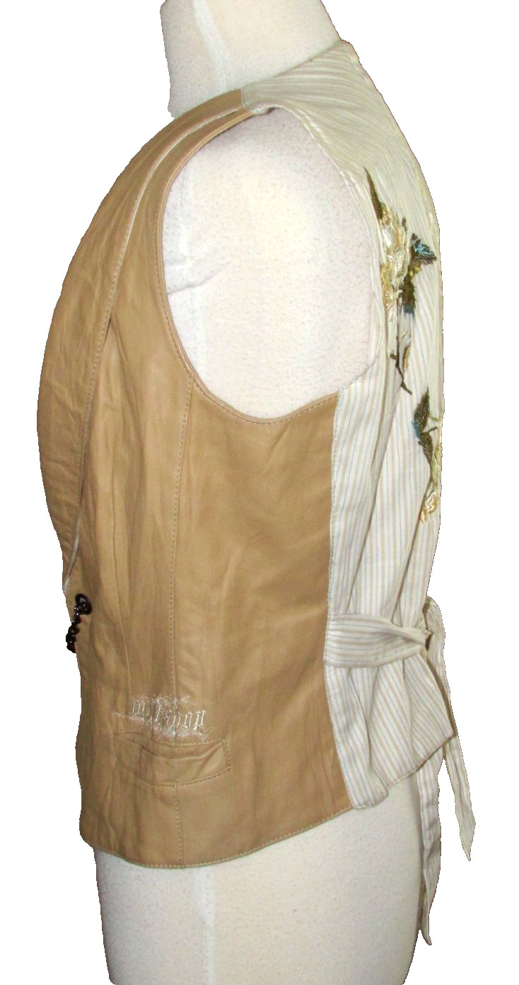 VTG Y2K Johnny Was 3 J Workshop Leather Embroidered tie back Vest M VERY RARE