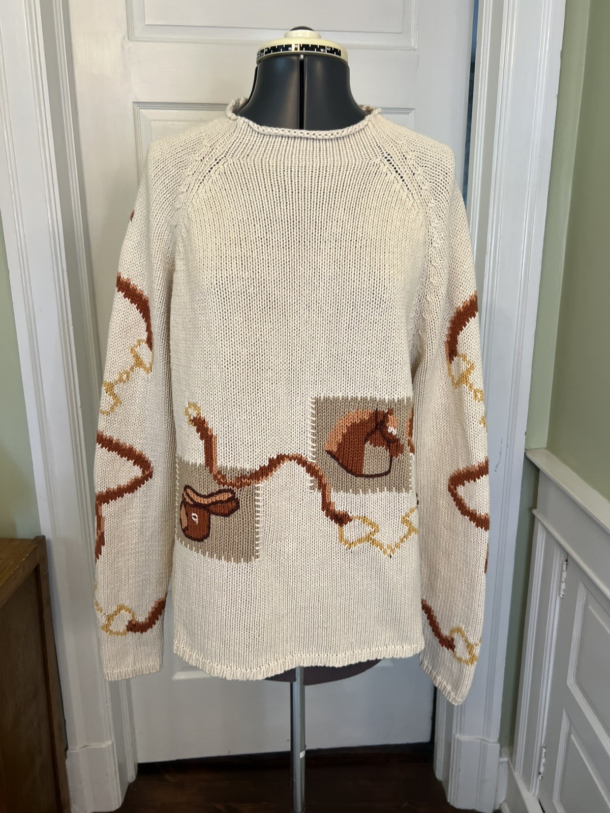 Vtg. Kristin for Miler&rsquo;s Equestrian Horse Ramie Cotton Knit Mockneck Sweater XL
