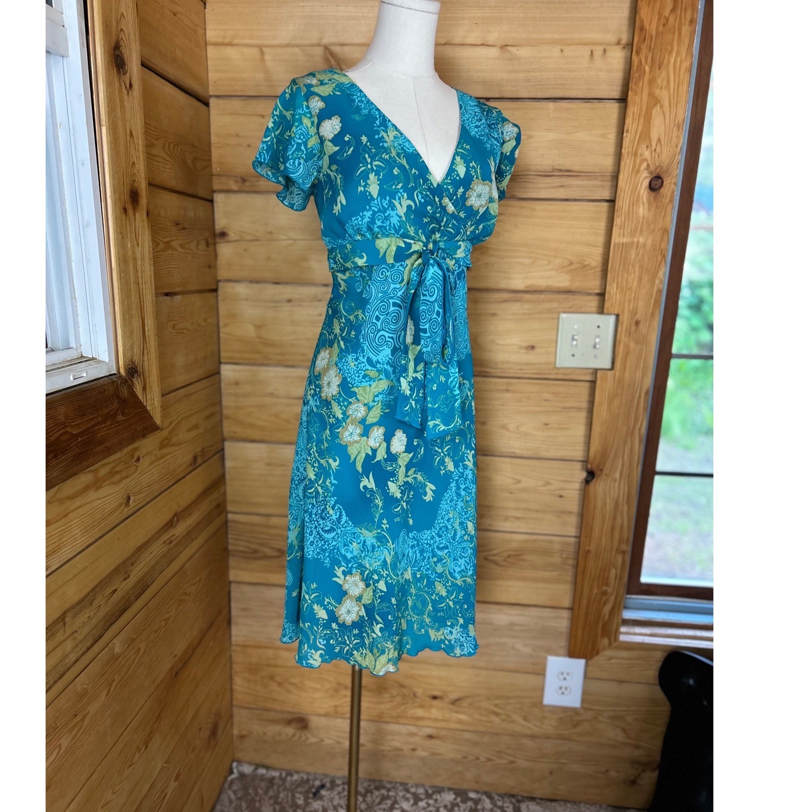 Vintage Faux Wrap Midi Dress Women Large Teal Blue Green Floral Jessica