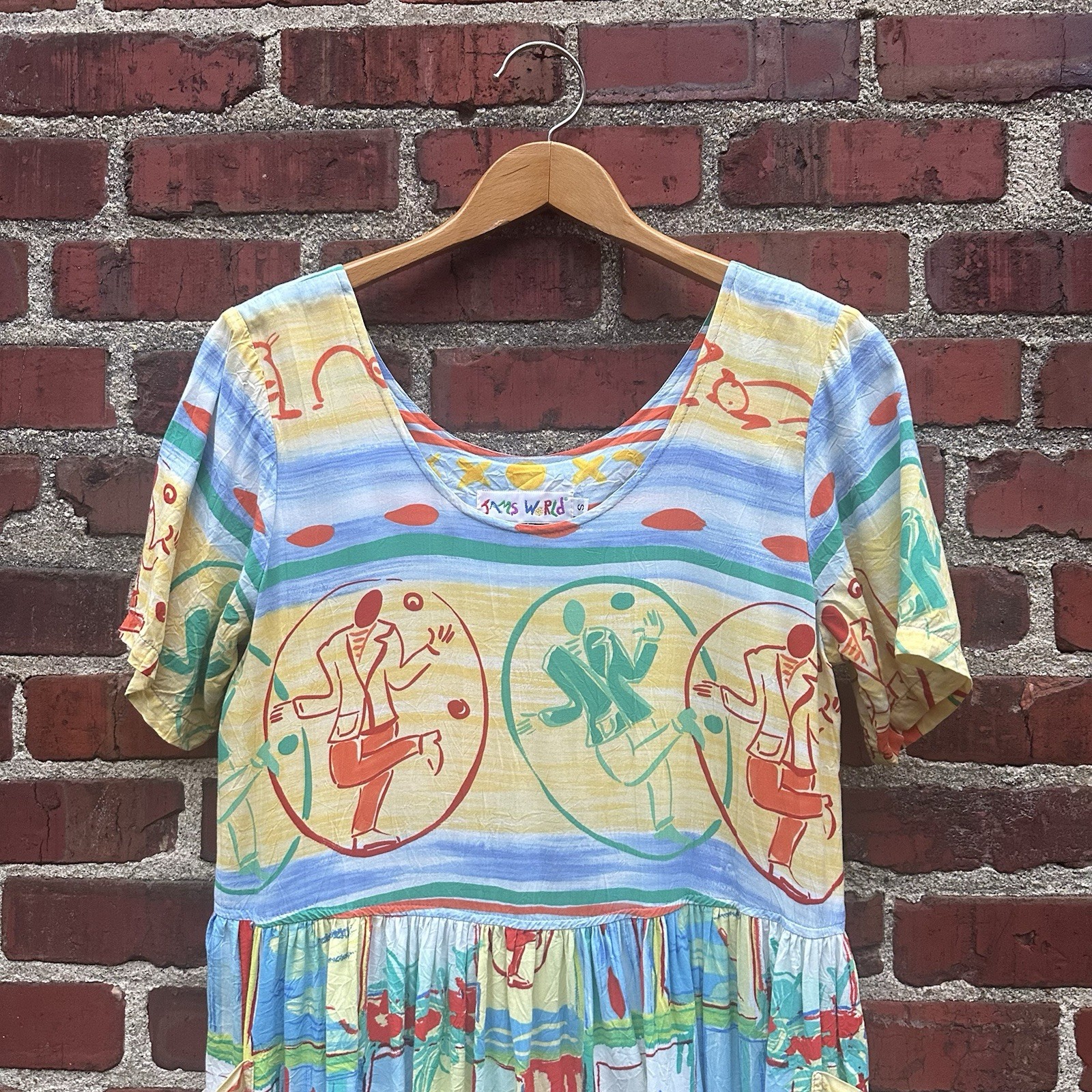 Vintage Jams World Dress Dancing Man Colorful Beach Tropical 90s Pockets S Small