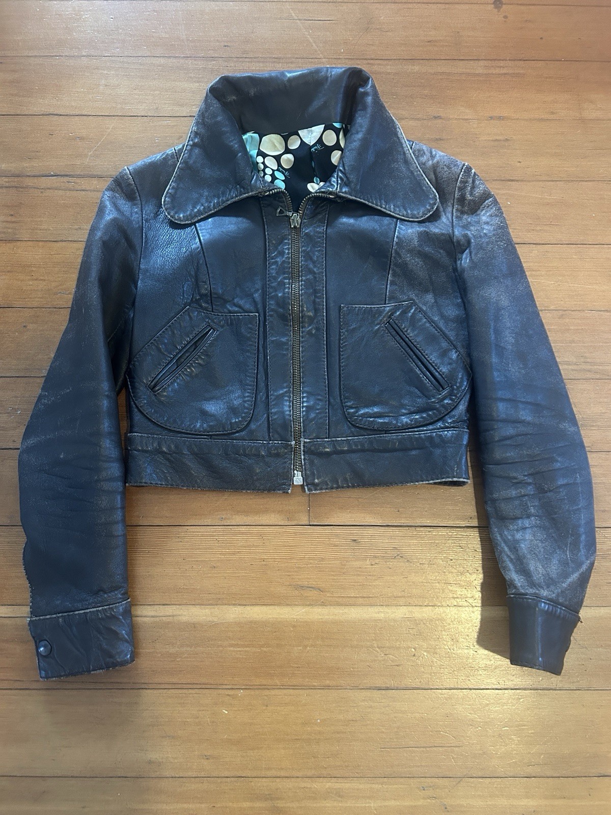 Vintage 60s 70s Emilio Pucci Leather Moto Jacket Wide Collar Cropped