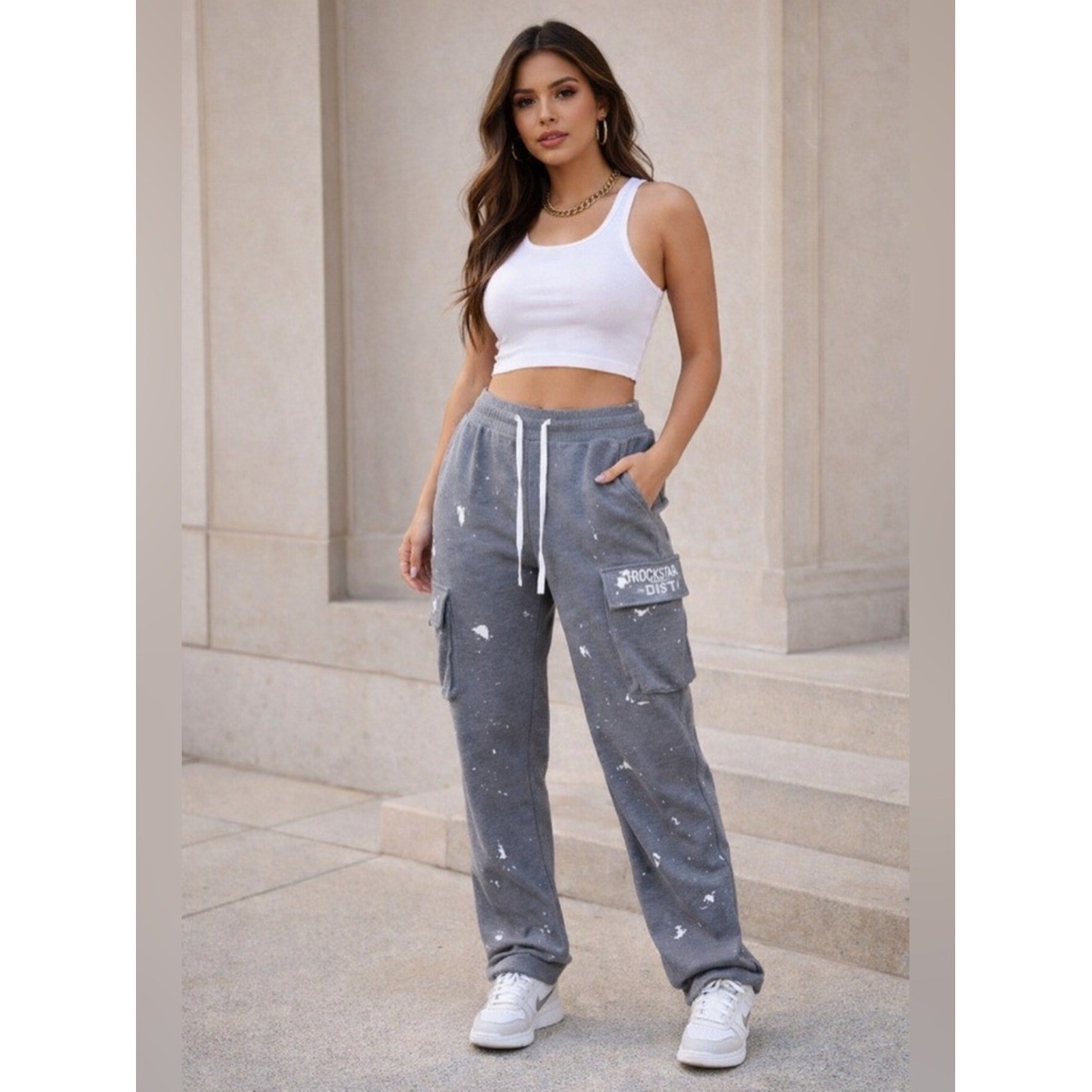 🔥 Rockstar Original NWT Gray Cargo Sweatpants Paint Splatter XXL Streetwear