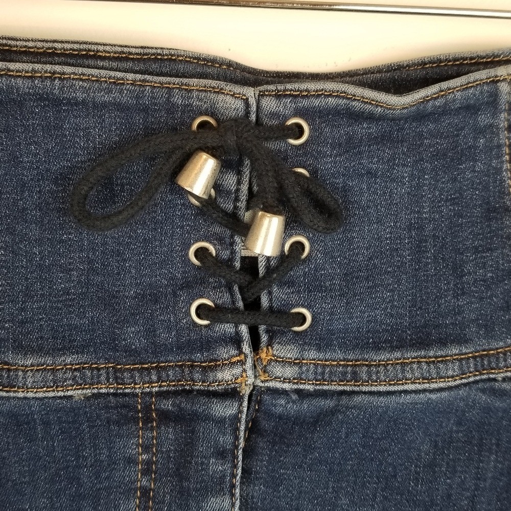 Free People Lace Up Denim Mini Skirt Blue Stretch Size 4 Boho Western