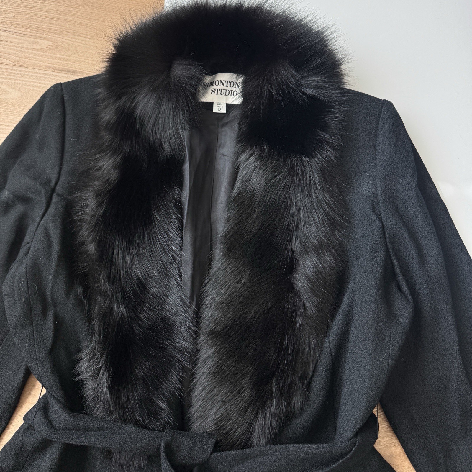Vintage Wool Jacket Fox Fur Collar Black USA 90s Simonton Studio Large