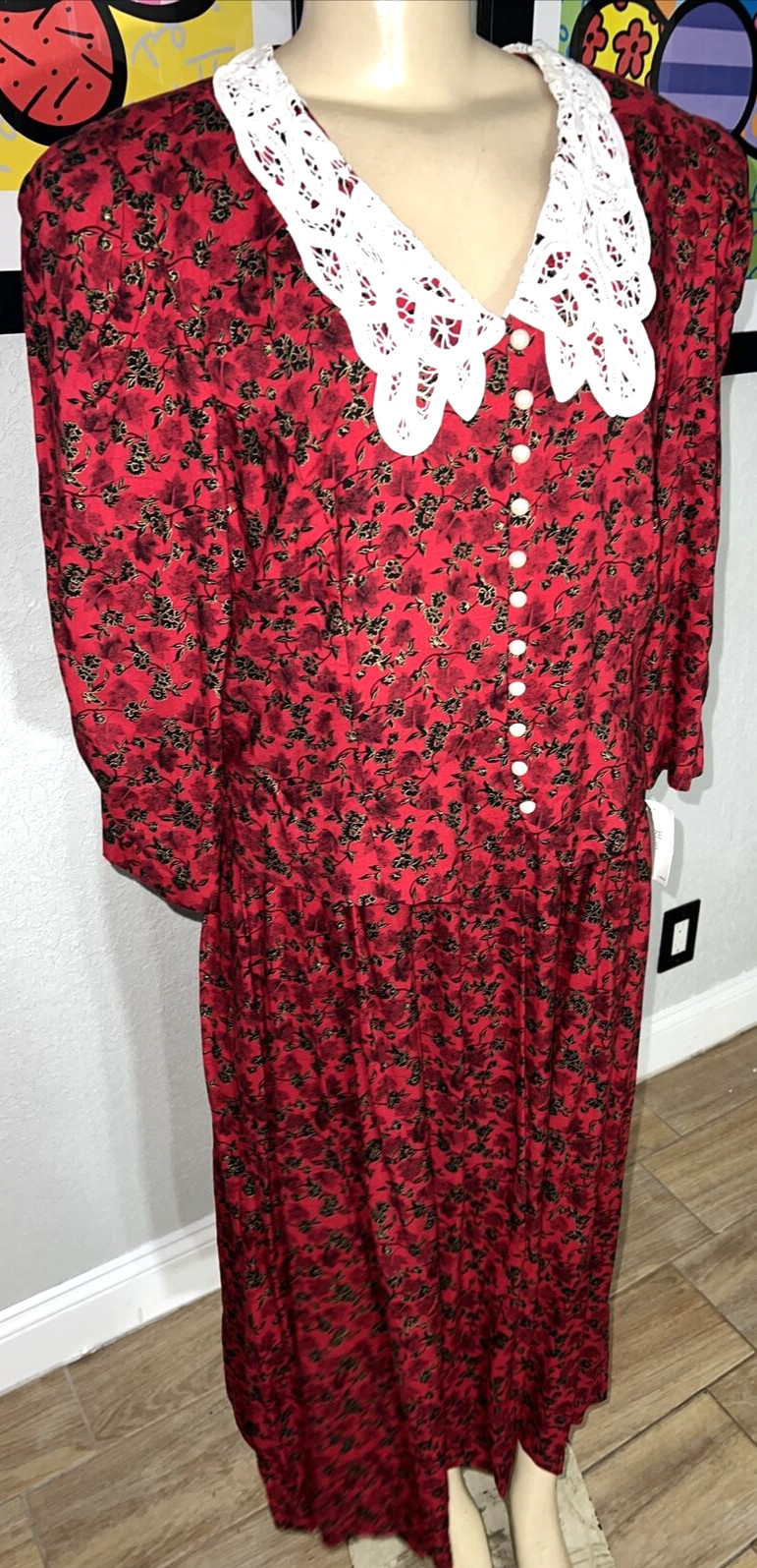 VTG Miss Dorby Red Floral w/Eyelet Collar Pearl Button Dress SZ 16 NWTS br2