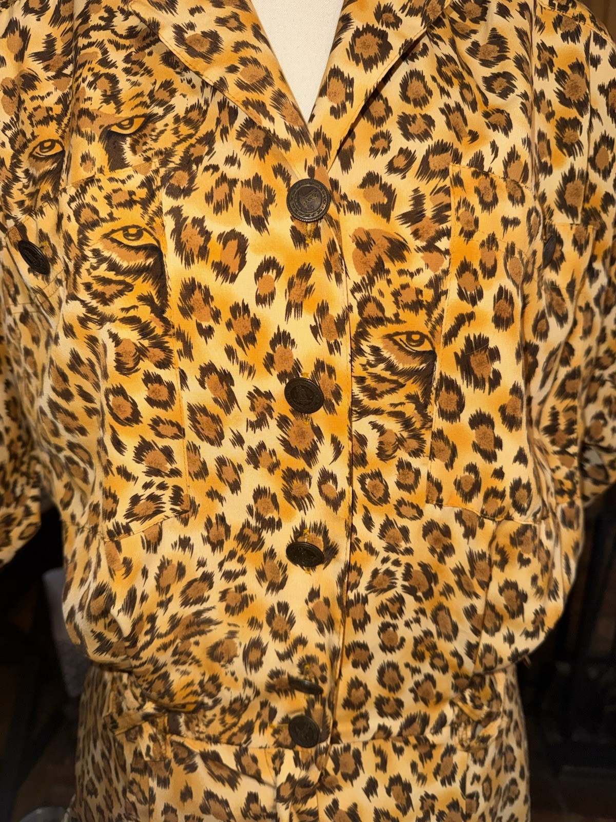 1980’s Cheetah Leopard Print Maxi Dress Padded Shoulders