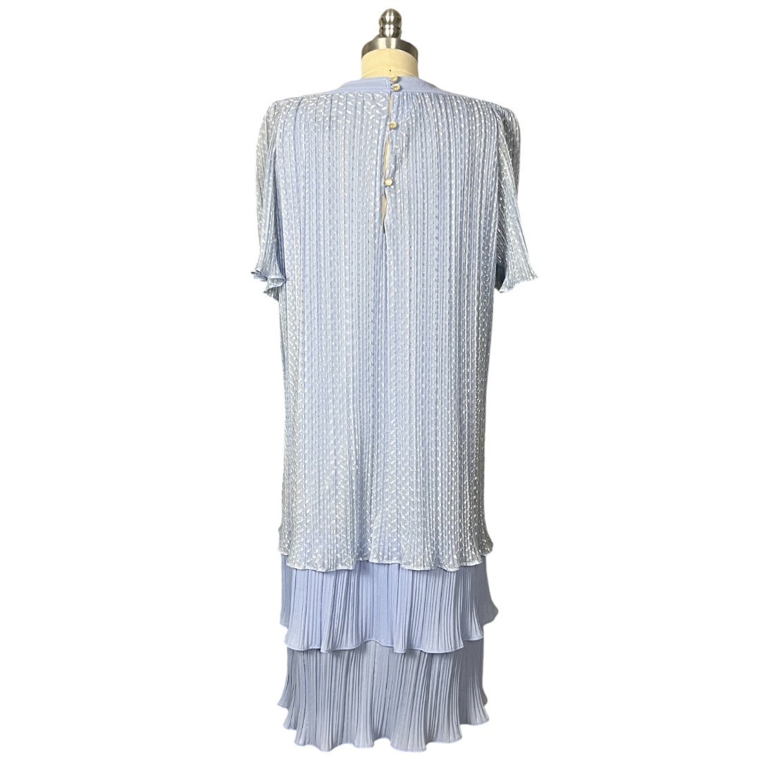 Vintage 80s Risa Ann Baby Blue Shimmer Pleated Tiered Dress S/M