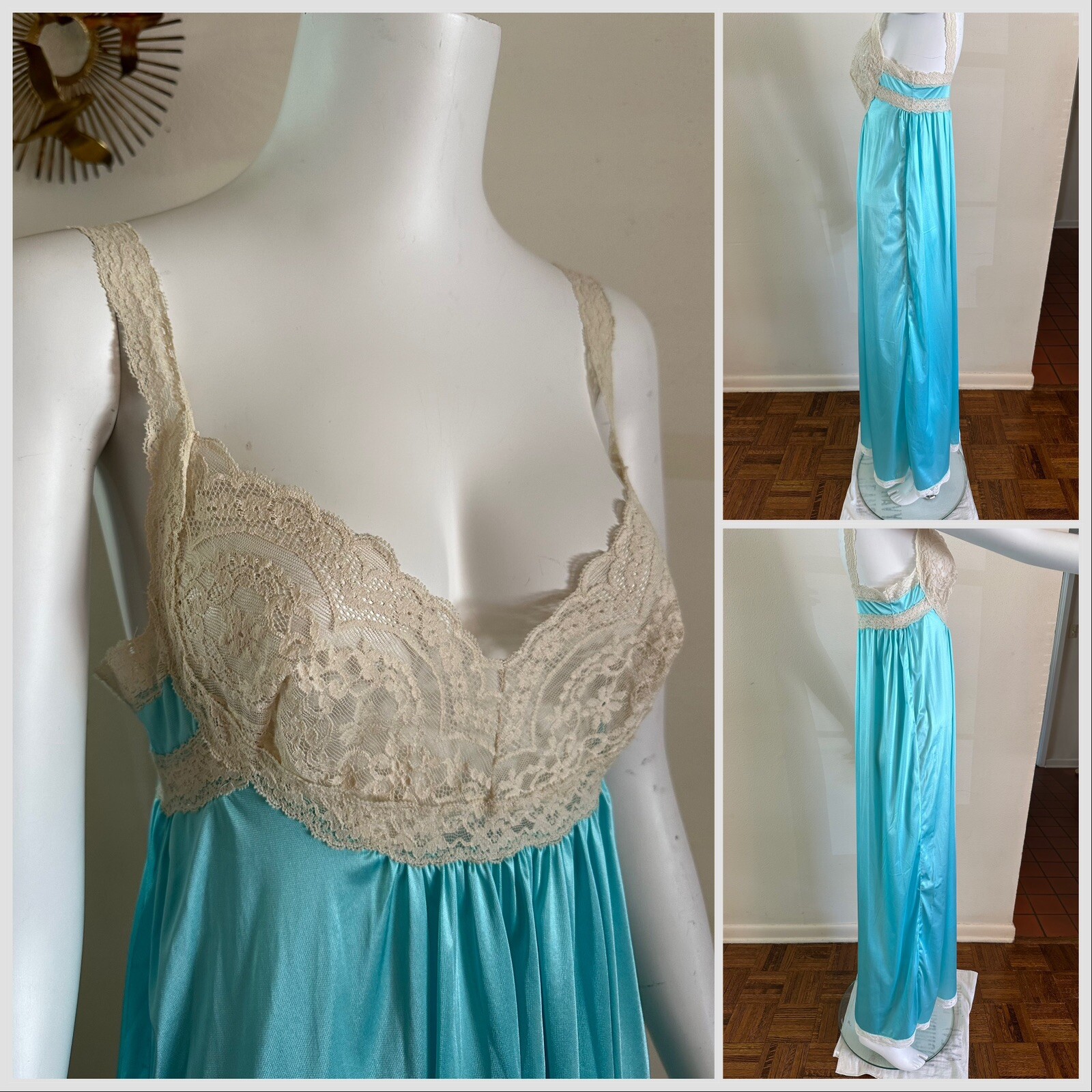 1970s Miss Elaine 2 Pc Lace Bed Jacket Negligee Nightgown Boho Hostess Gown VTG