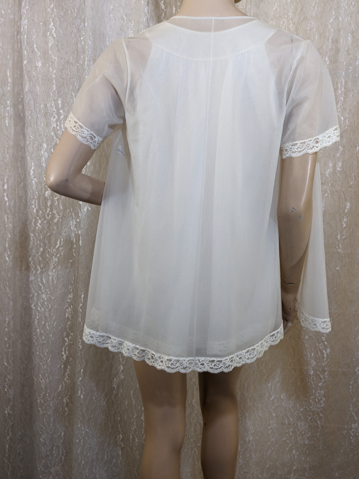 Vintage Shadowline Ivory Chiffon Lace Babydoll Nightgown Peignoir Robe Set PS