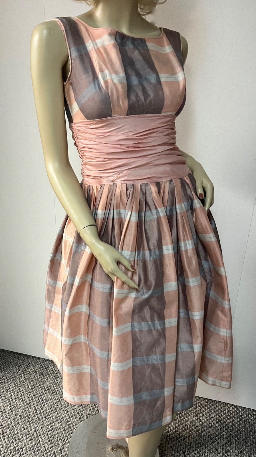 Vintage 1950 Plaid Back Zipper Cummerbund Crinoline Cocktail Party Dress Bust 33