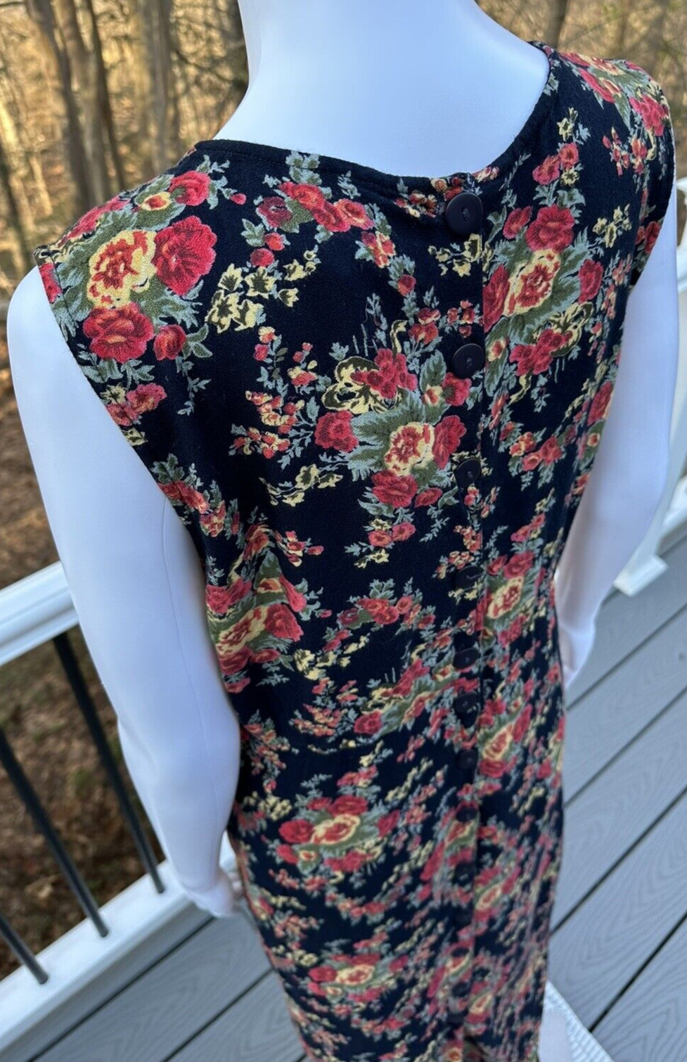 April Cornell Sz S Sleeveless Maxi Floral Dress Navy Side Slit Back Buttons
