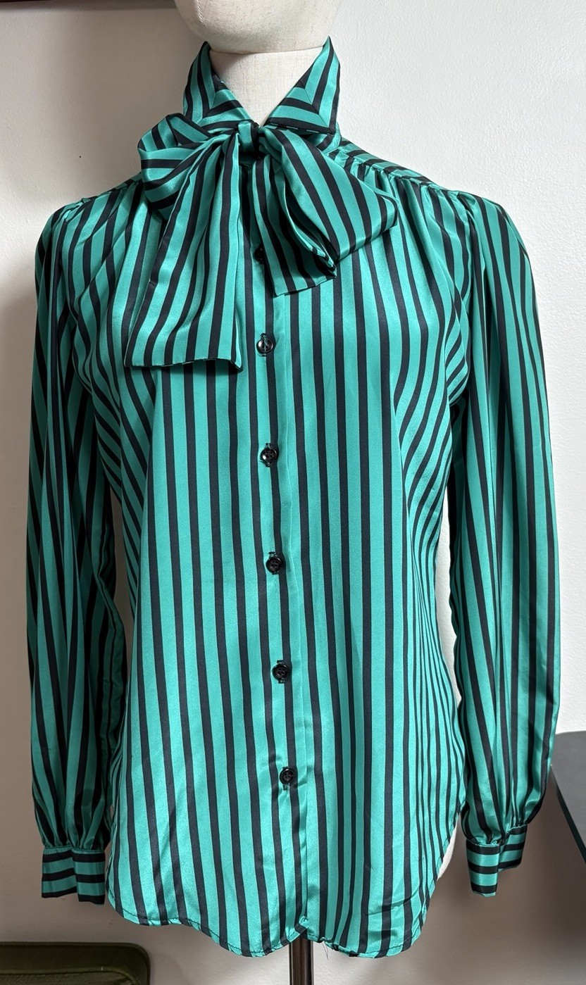 Vintage Pussy Bow Scarf Blouse Button Up Women&rsquo;s 8 Striped Green Made In USA