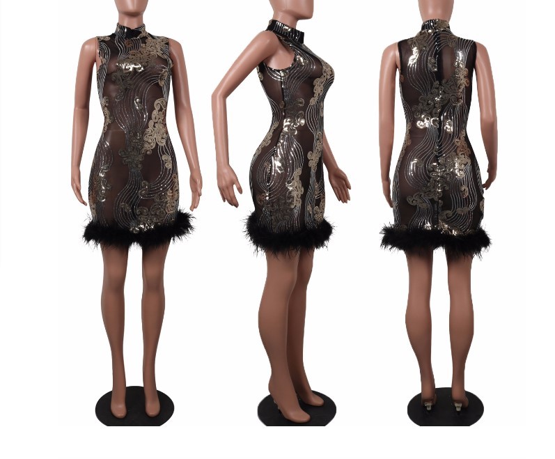 New European Feather Sequin See Thu Perspetive Sexy Nightclub Mini Dress #S1